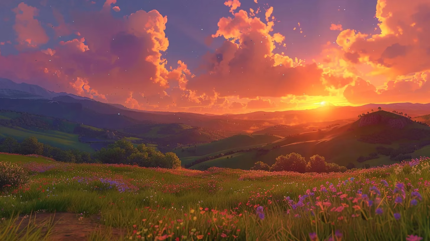 Ways to Brighten Up Your Small Wall Spaces 6 a vibrant sunset paints the sky in brilliant shades of orange and purple, casting a warm glow over serene rolling hills blanketed in lush green grass.