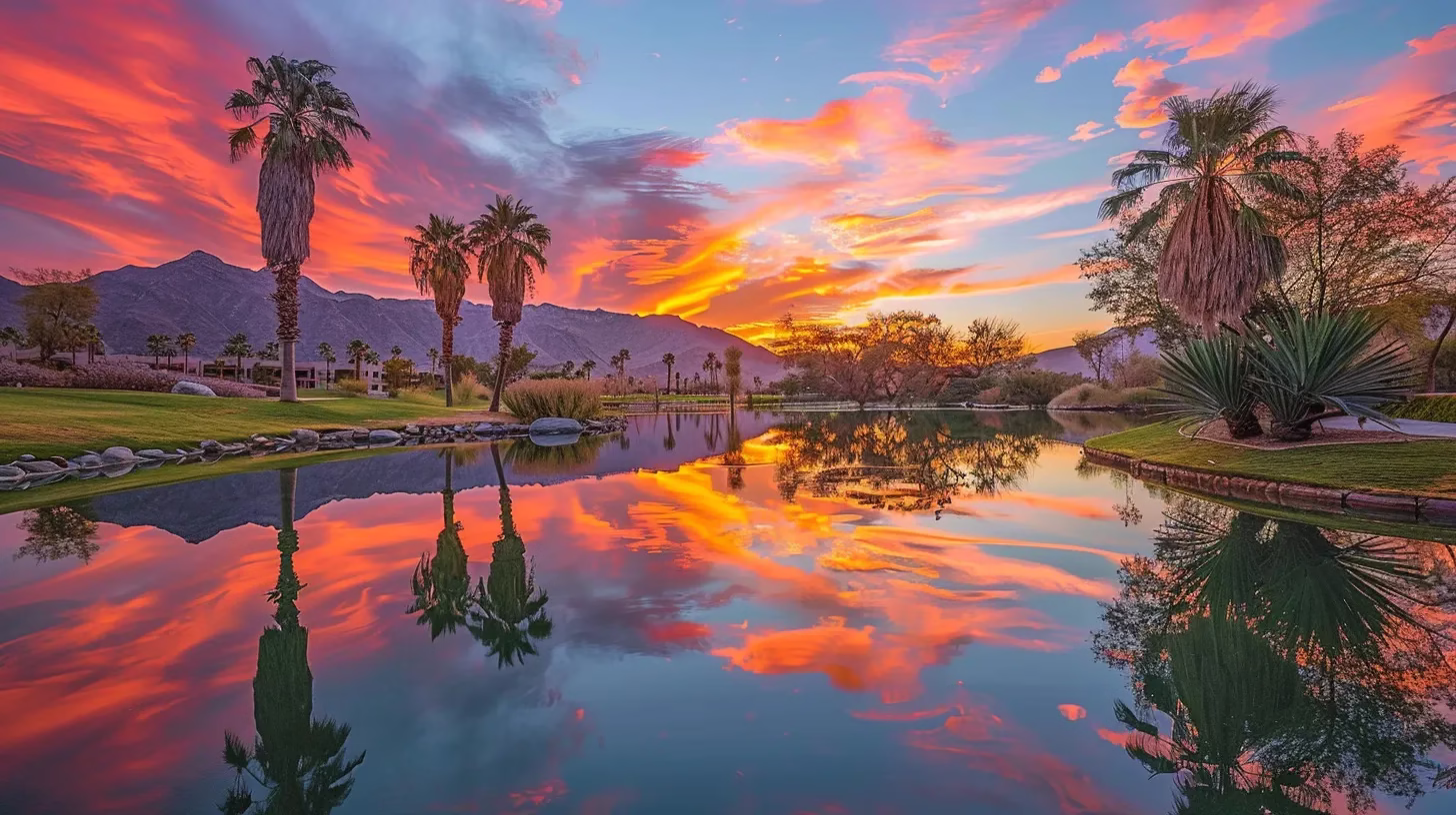 The Allure of an Exterior Waterfall in Landscaping 4 a vibrant sunset paints the sky in fiery hues above a tranquil lake, reflecting the brilliant colors in its mirror-like surface, evoking a sense of serene beauty and peacefulness.