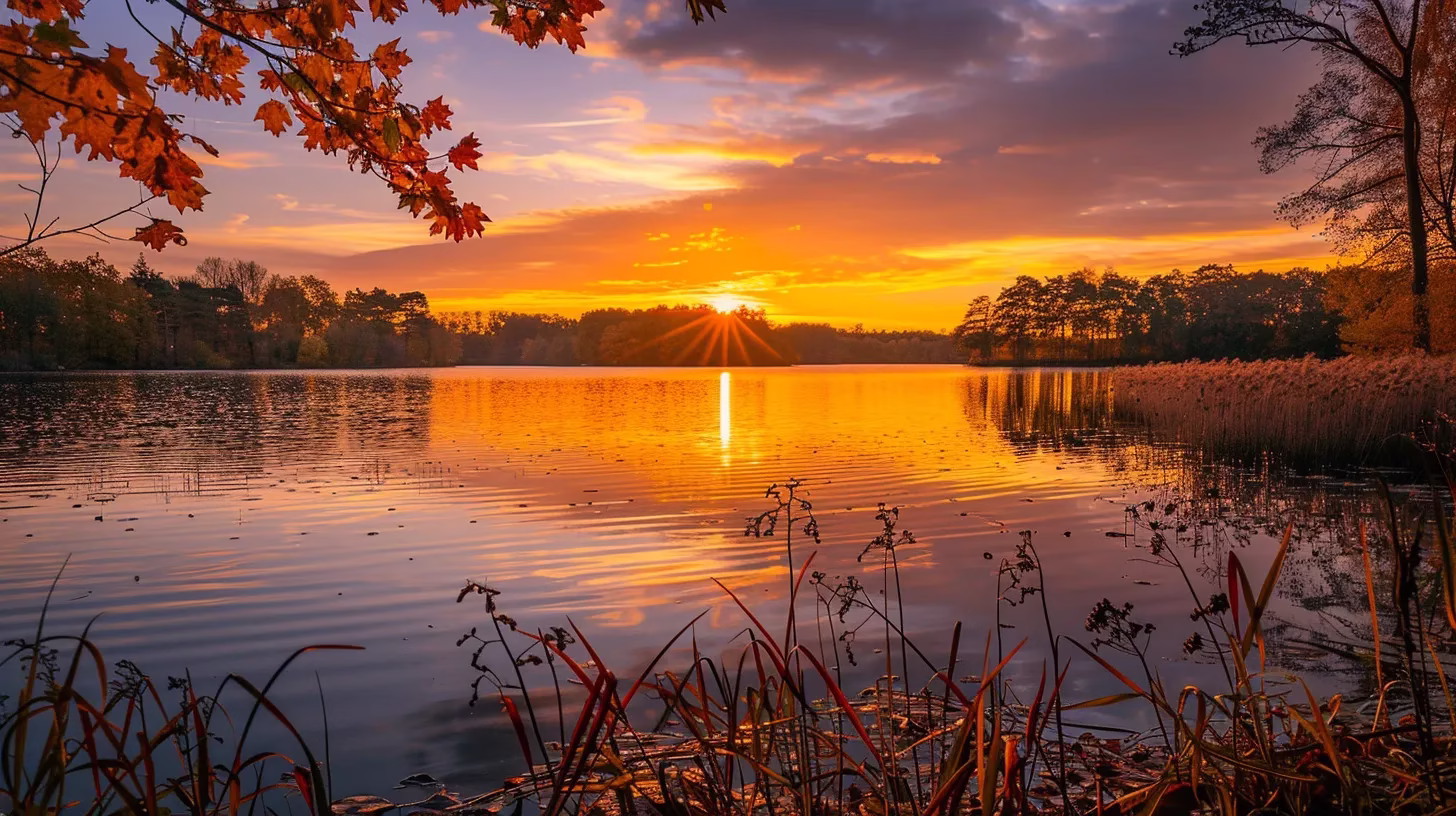 The Art of Building a Natural Rock Wall 4 a vivid sunset casts warm, golden hues over a tranquil lake, where vibrant autumn leaves reflect beautifully on the water's surface, creating a serene atmosphere of natural harmony.