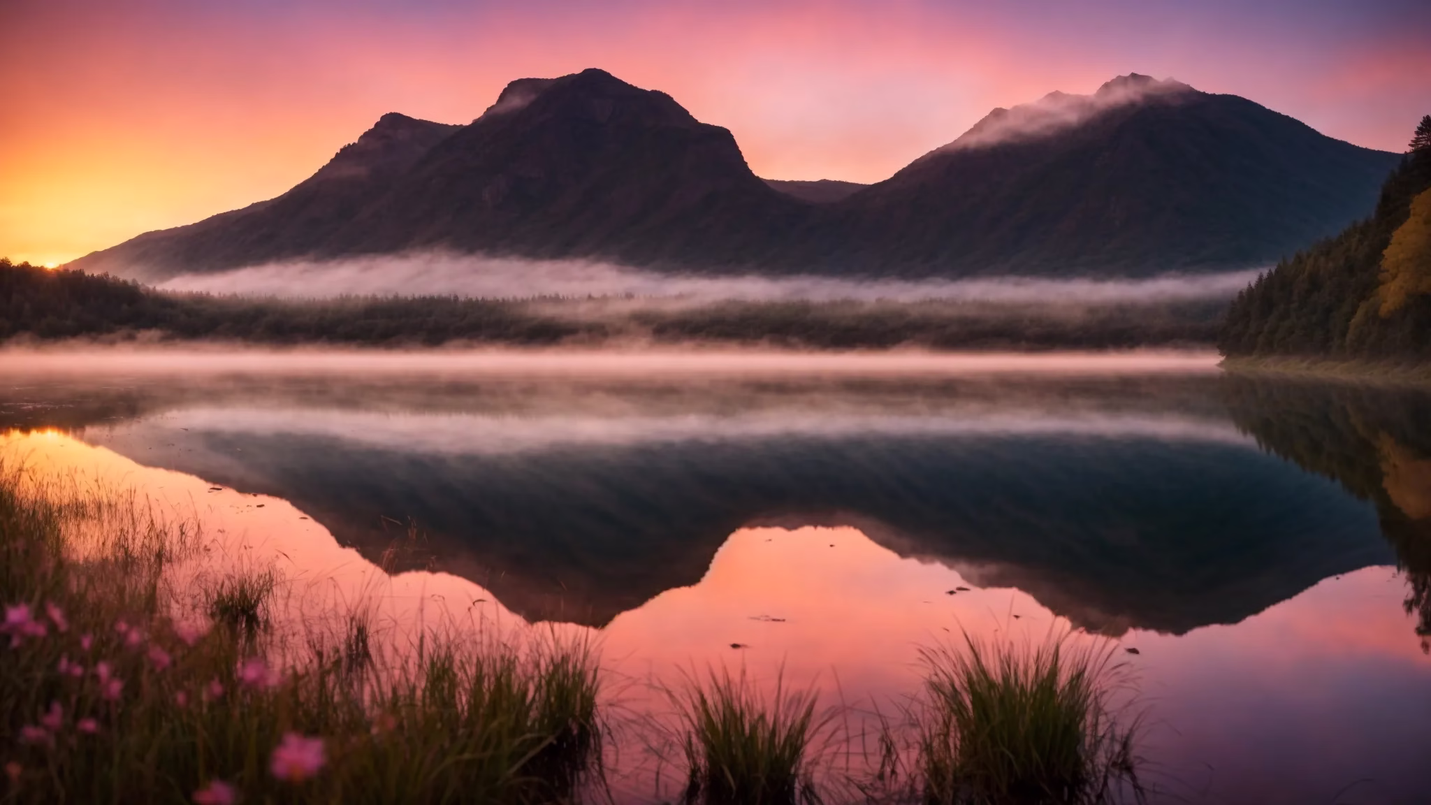 Steel Water: Optimal Quality for Your Hydration Needs 2 a breathtaking sunrise casts a warm golden glow over a tranquil lake, reflecting vibrant hues of orange and pink in the still water, surrounded by mist-laden mountains.