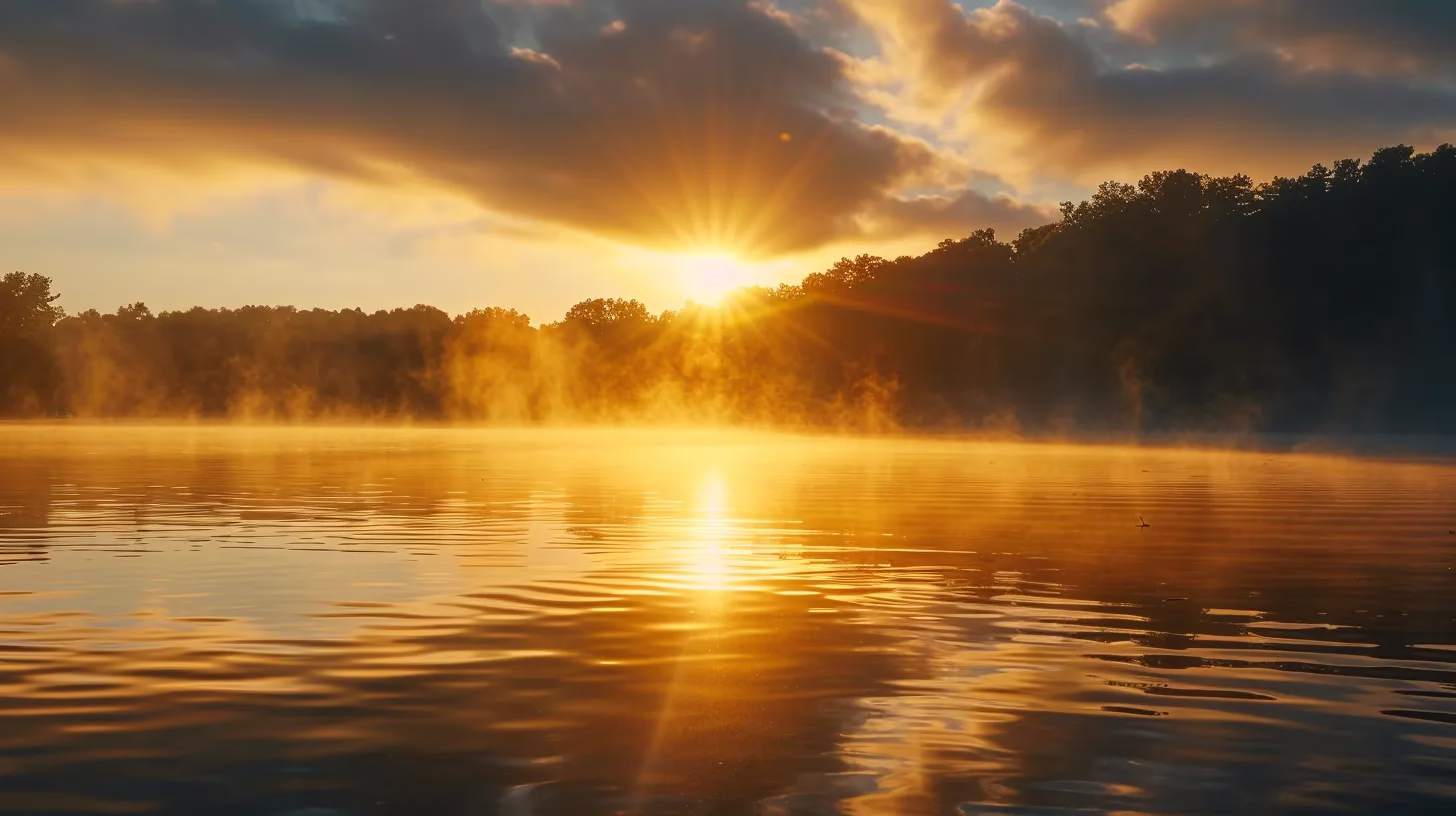 Unique Metal Fountain Ideas for Garden Aesthetics 4 a breathtaking sunrise casts golden light over a tranquil lake, with mist gracefully rising from the surface, reflecting the vibrant hues of dawn.