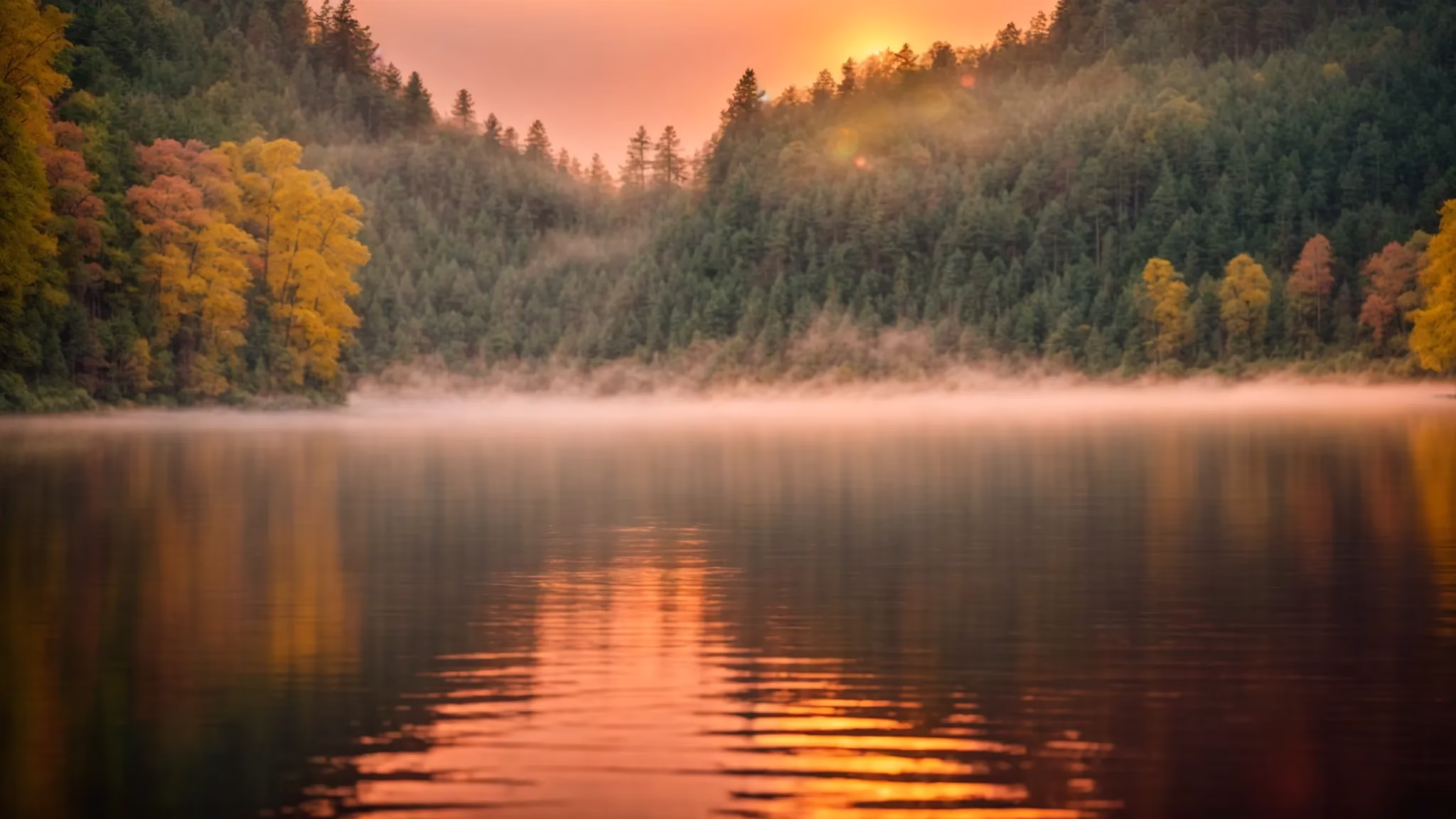 Discover Charming Water Fountains Near Your Location 4 a breathtaking sunrise casts golden rays over a tranquil, misty lake, reflecting vibrant hues of orange and pink in the calm water, surrounded by lush, emerald green forests.