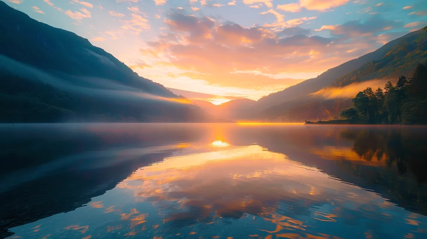 Creating Harmony With Modern Water Elements 3 a breathtaking sunrise illuminates a tranquil lake surrounded by misty mountains, casting vibrant reflections on the crystal-clear water.