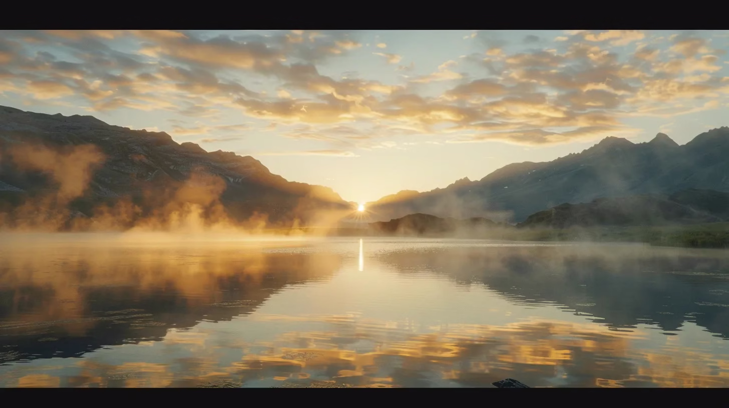 How Water Sculpture Elevates Landscape Design 5 a breathtaking sunrise illuminates a tranquil lake, with mist hovering above the water and majestic mountains reflecting in the still surface, creating a serene and harmonious atmosphere.