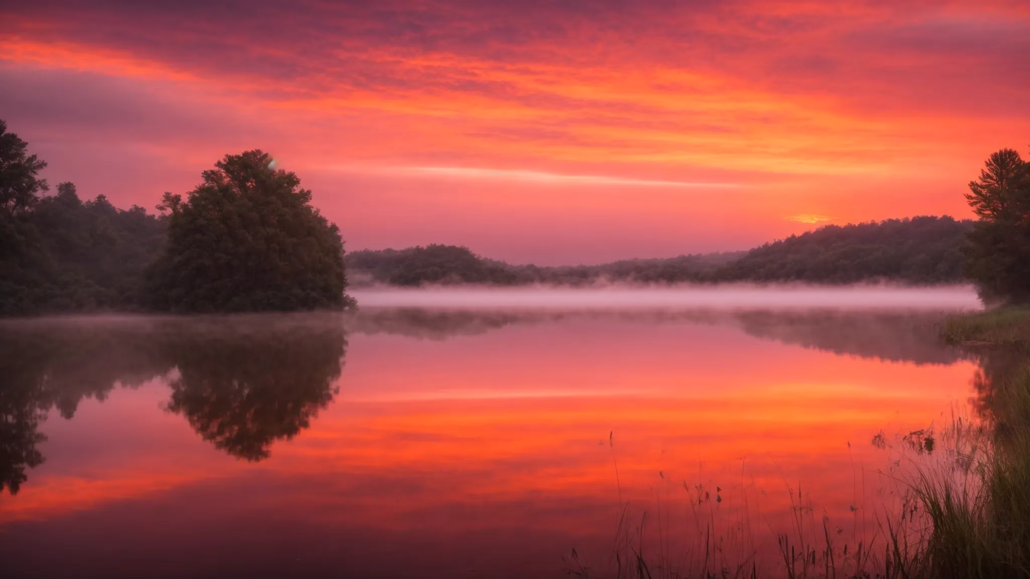 Elevate Your Outdoor Space With Stone Garden Fountains 5 a breathtaking sunrise over a tranquil lake, with mist rising from the water's surface and vibrant hues of orange and pink painting the sky, reflecting off the glassy water in a serene landscape.