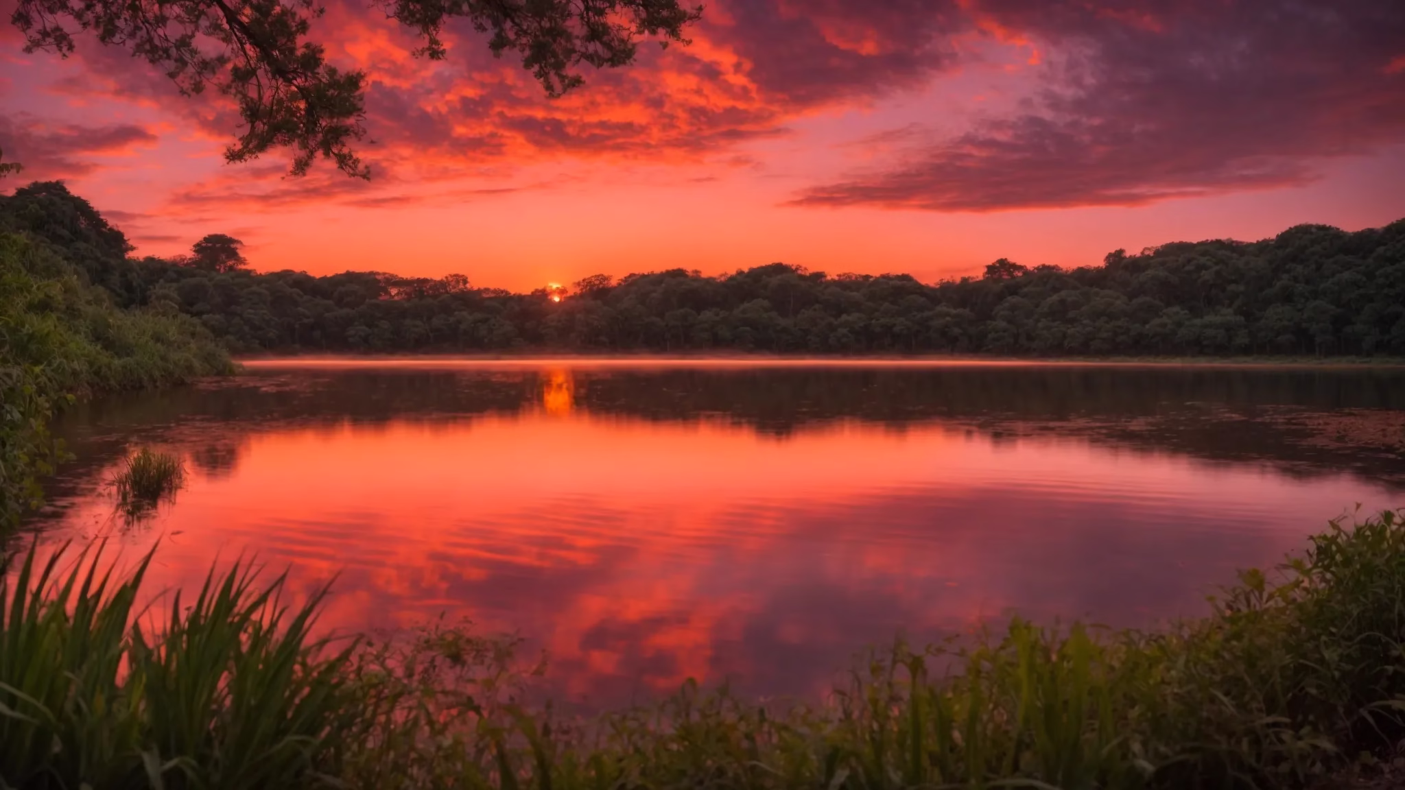 Stylish Outdoor Water Solutions for Every Backyard 4 a breathtaking sunset blankets a serene landscape, where vibrant hues of orange and pink reflect off a tranquil lake surrounded by lush greenery.