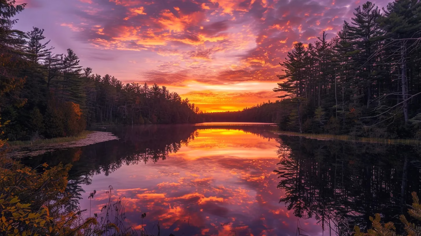 Transform Your Space With an Outdoor Bubble Experience 1 a breathtaking sunset casts brilliant orange and pink hues across a calm, reflective lake surrounded by towering pine trees, creating a serene atmosphere of natural beauty.