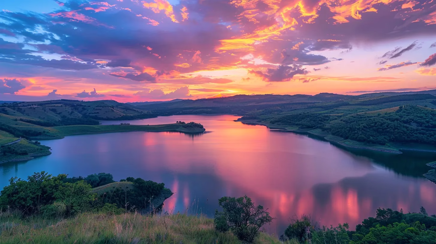 The Ultimate Guide to Buy Waterfall Wall Art 5 a breathtaking sunset casts vibrant hues of orange and pink over a tranquil lake, reflecting the spectacular sky and surrounded by lush green hills.