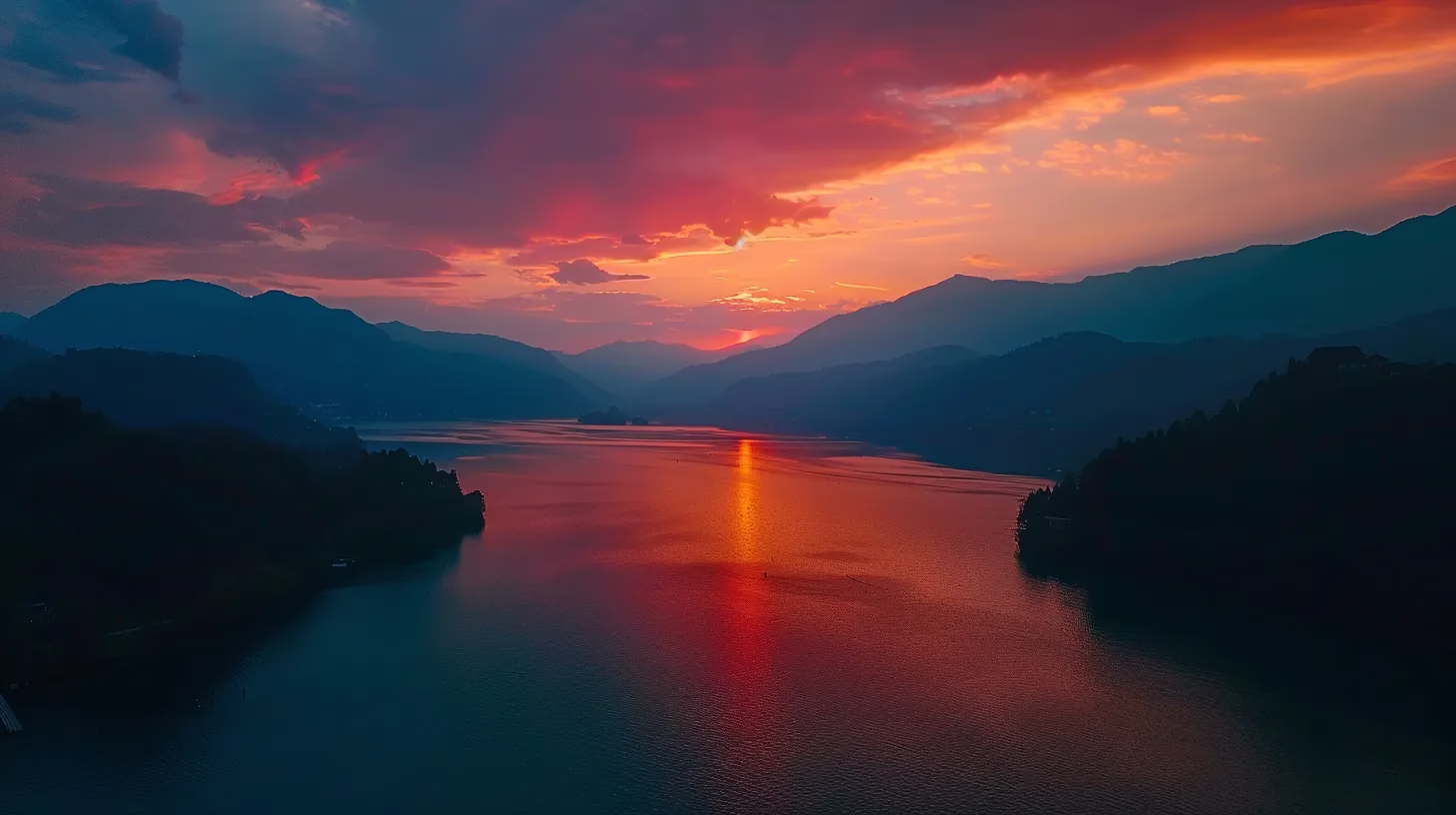 Choosing Materials for Your Perfect Water Fall Wall 6 a breathtaking sunset casts vibrant hues of orange and pink across a tranquil lake, with majestic mountains silhouetted against the colorful sky, evoking a sense of serene beauty and harmony in nature.