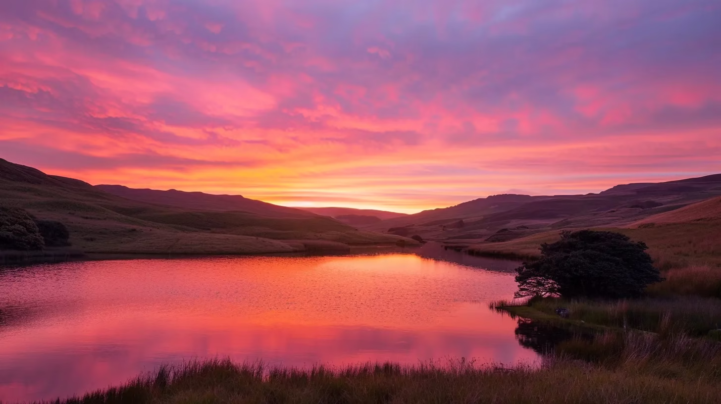 Tips for Designing a Garden Large Enough for Gathering 1 a breathtaking sunset casts vibrant hues of orange and pink across rolling hills, illuminating a tranquil lake that reflects the fiery sky, creating a serene and picturesque landscape.