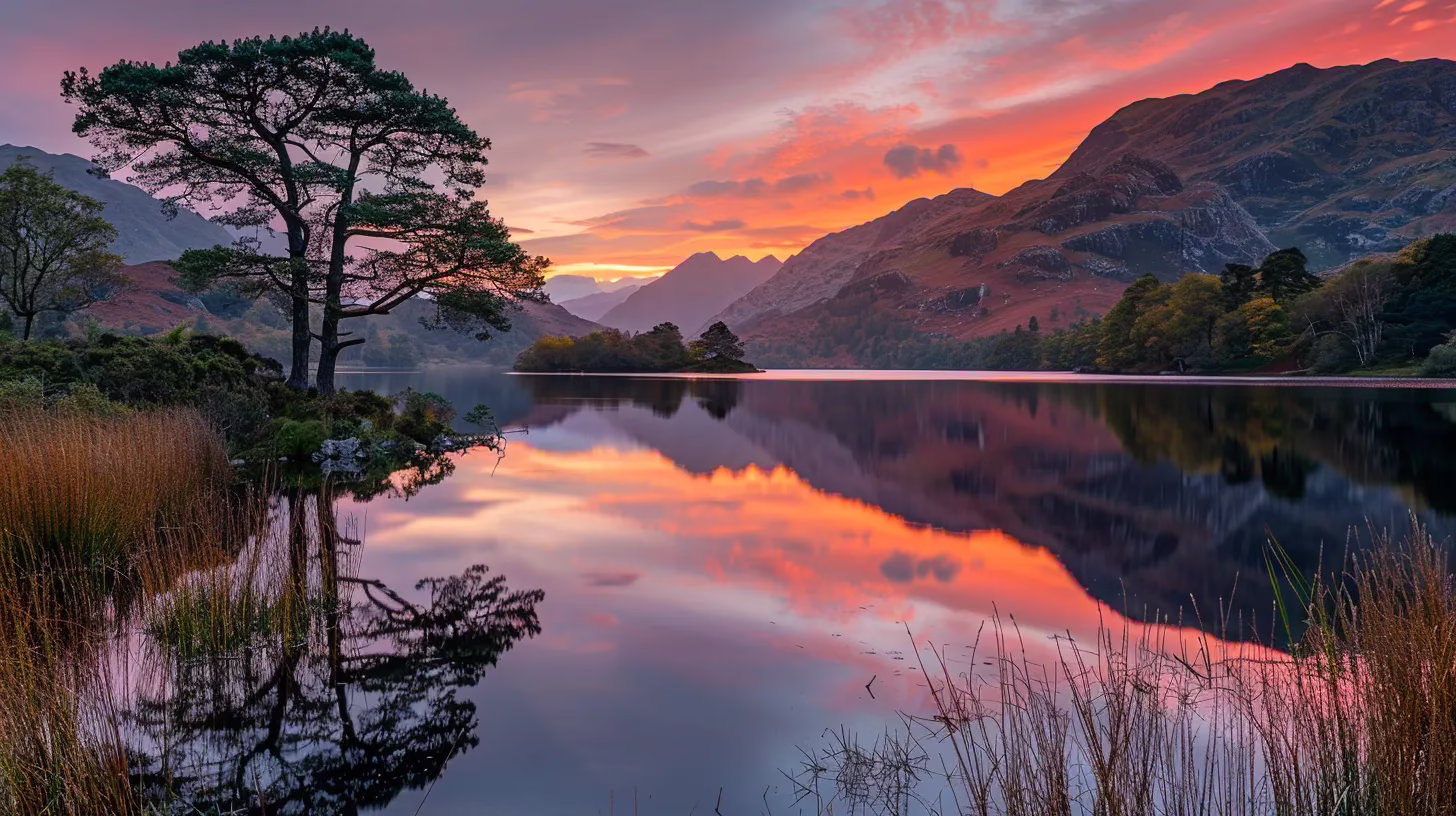 Creating Stunning Visuals With a Copper Garden Theme 4 a breathtaking sunset casts vibrant hues of orange and pink over a tranquil lake, reflecting the serene beauty of the surrounding mountains and trees.