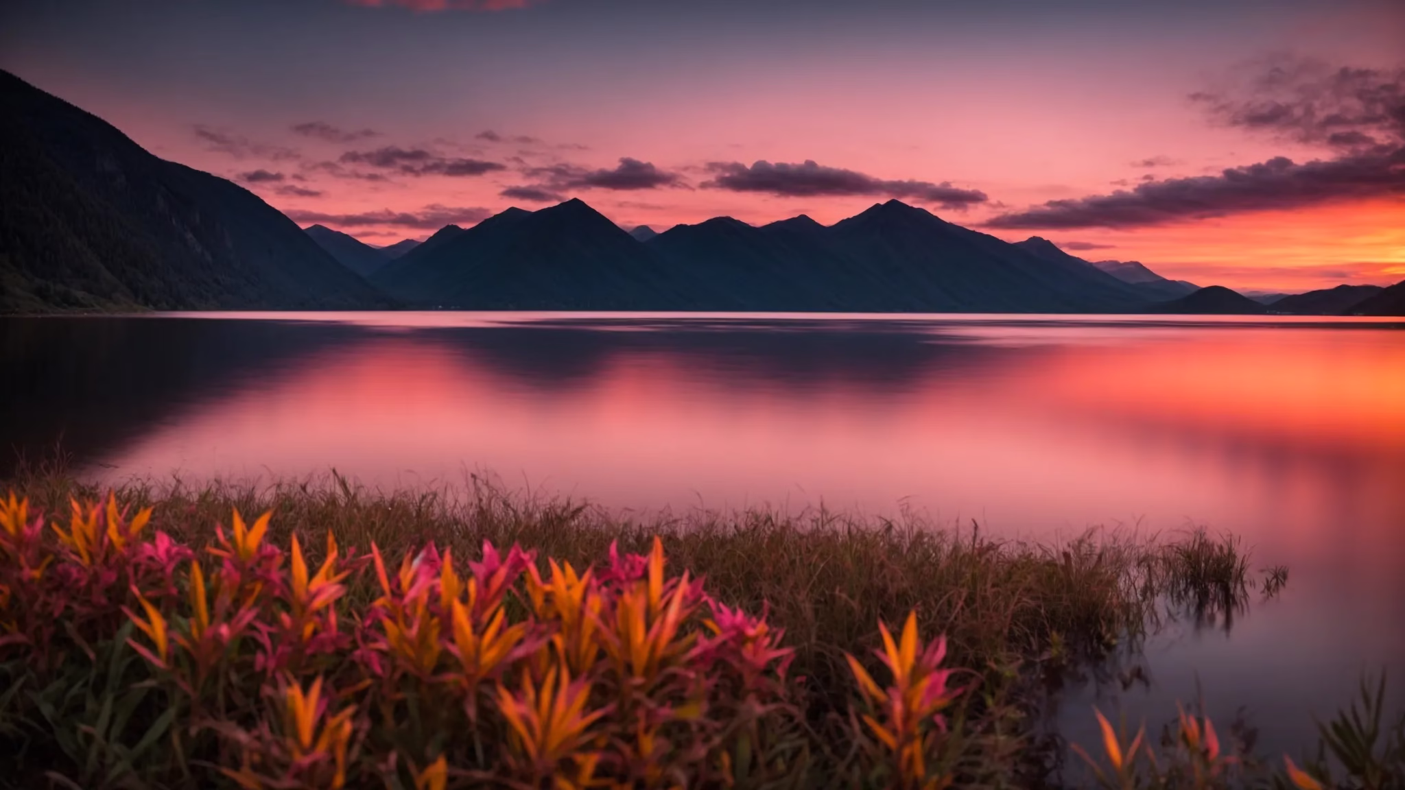 Elevate Your Outdoor Space With Stone Garden Fountains 2 a breathtaking sunset casts vibrant hues of orange and pink across a tranquil lake, with silhouetted mountains framing the horizon and reflecting softly on the water's surface.