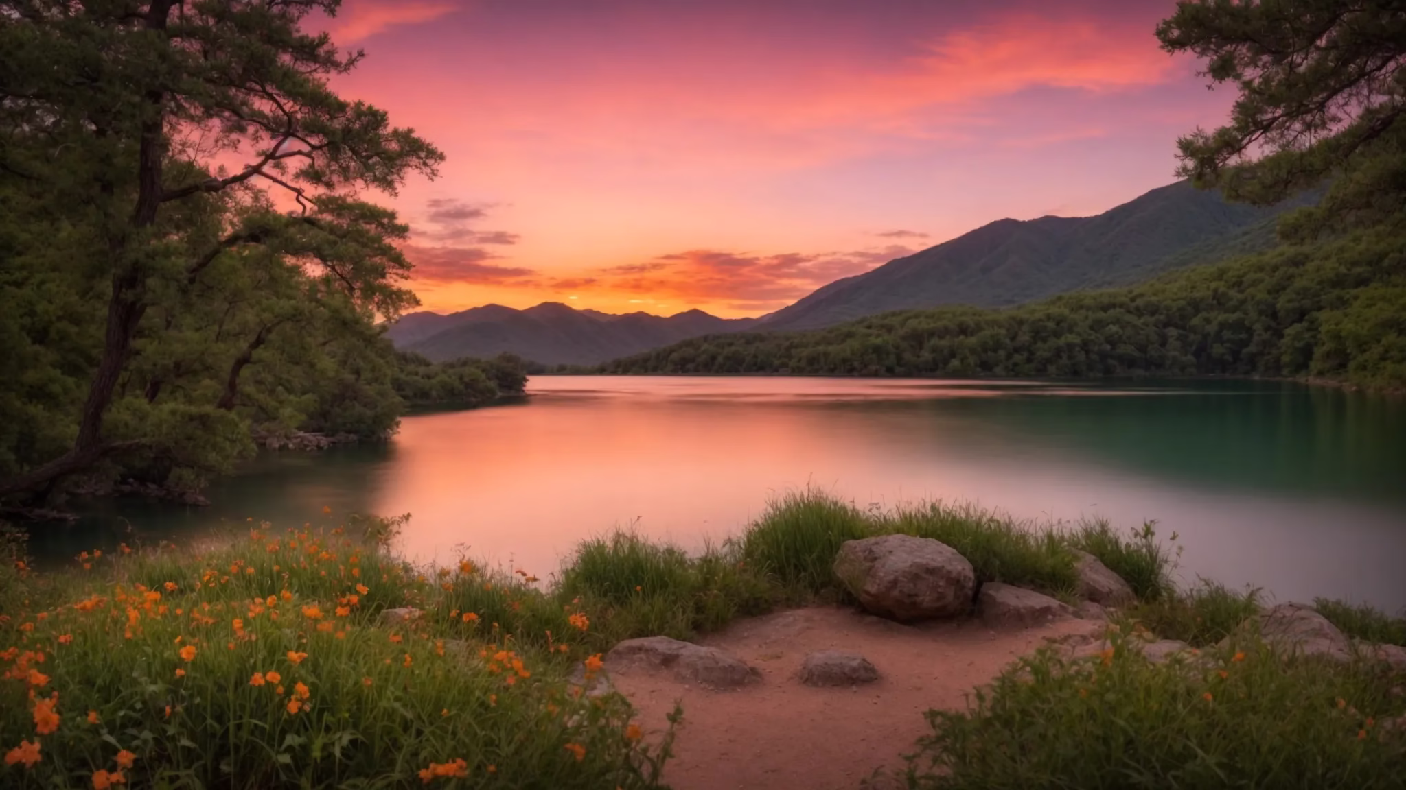 Transform Your Space With a Fountain Screen Design 4 a breathtaking sunset casts vibrant hues of orange and pink across the sky, illuminating a tranquil lake surrounded by lush green mountains, creating a serene and picturesque landscape.
