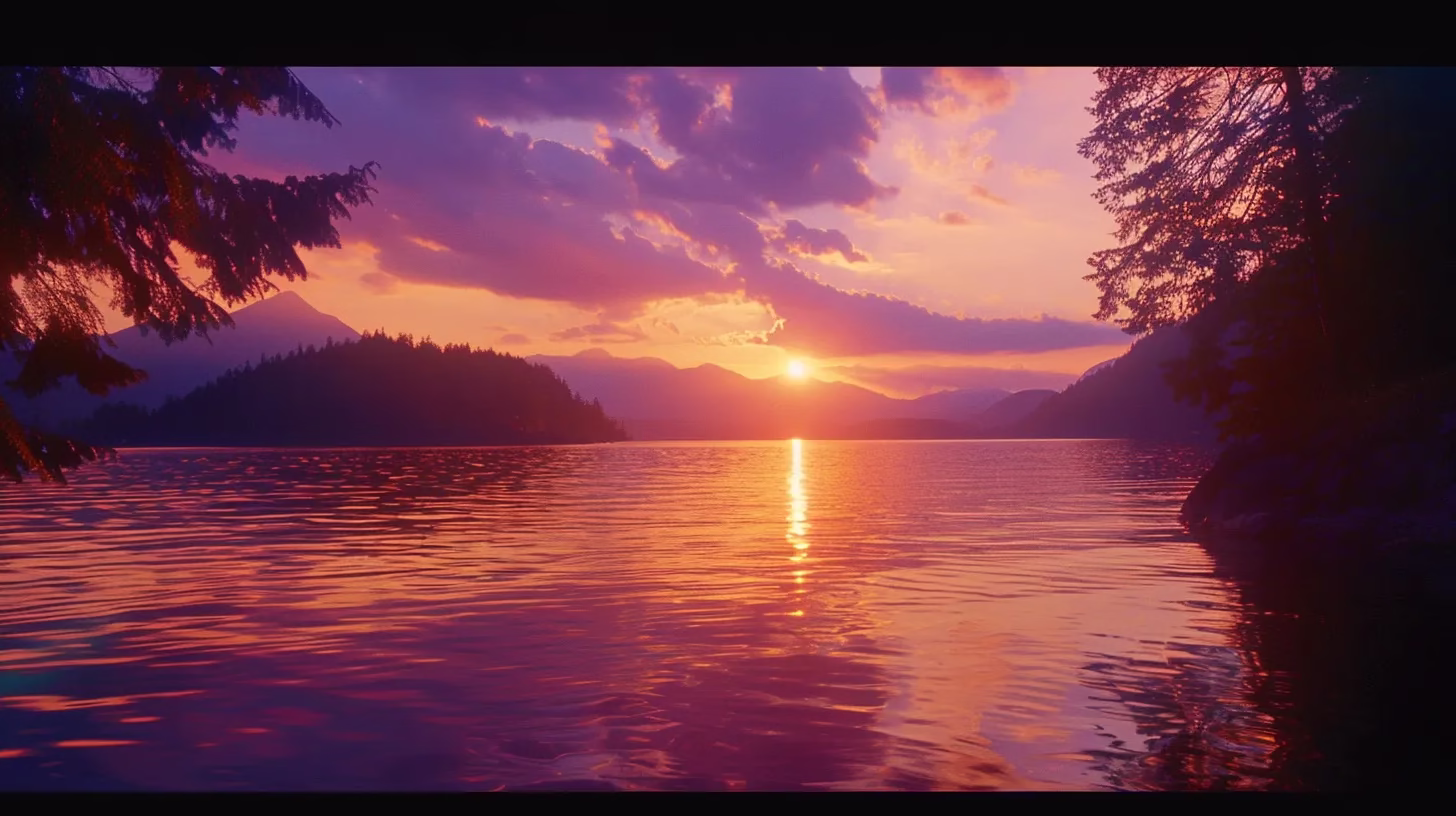 Creating Harmony With Modern Water Elements 4 a breathtaking sunset casts vibrant hues of orange and purple over a serene lake, reflecting the colorful sky while silhouetted trees frame the tranquil waters.