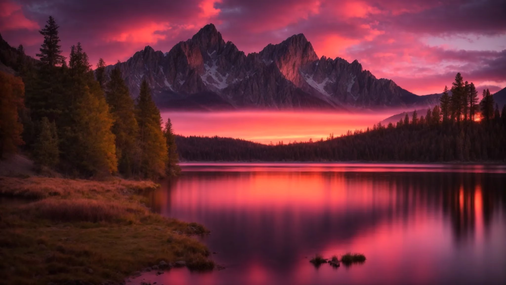 Transform Your Space With a Fountain Screen Design 3 a breathtaking sunset casts vibrant hues of orange and pink across a tranquil lake, with majestic mountains silhouetted in the background, creating a serene and captivating landscape.