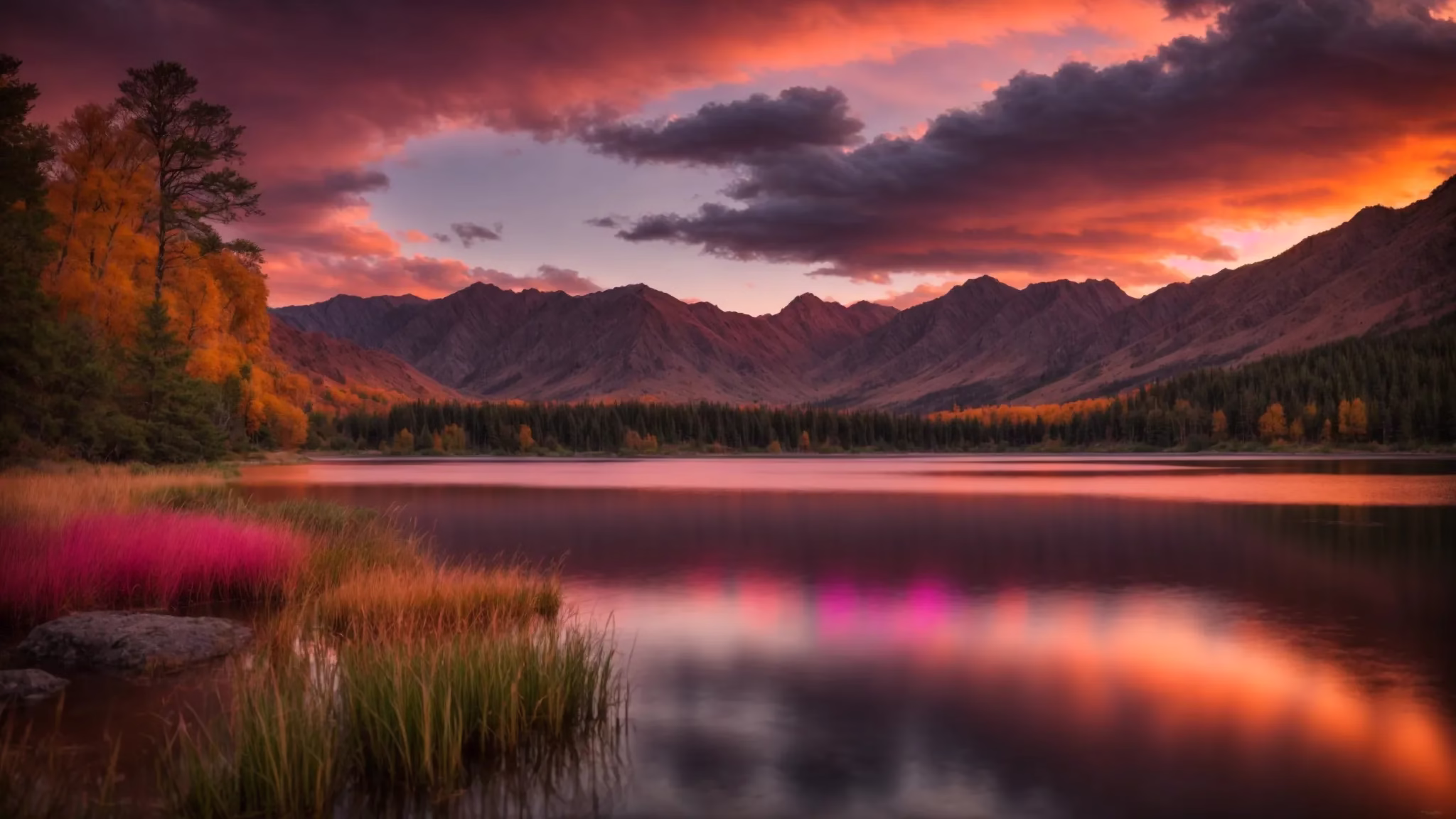 Water Feature Designers Bringing Serenity to Your Outdoors 6 a breathtaking sunset casts vibrant hues of orange and pink across a tranquil lake, reflecting the serene beauty of the surrounding mountains under a dramatic sky.