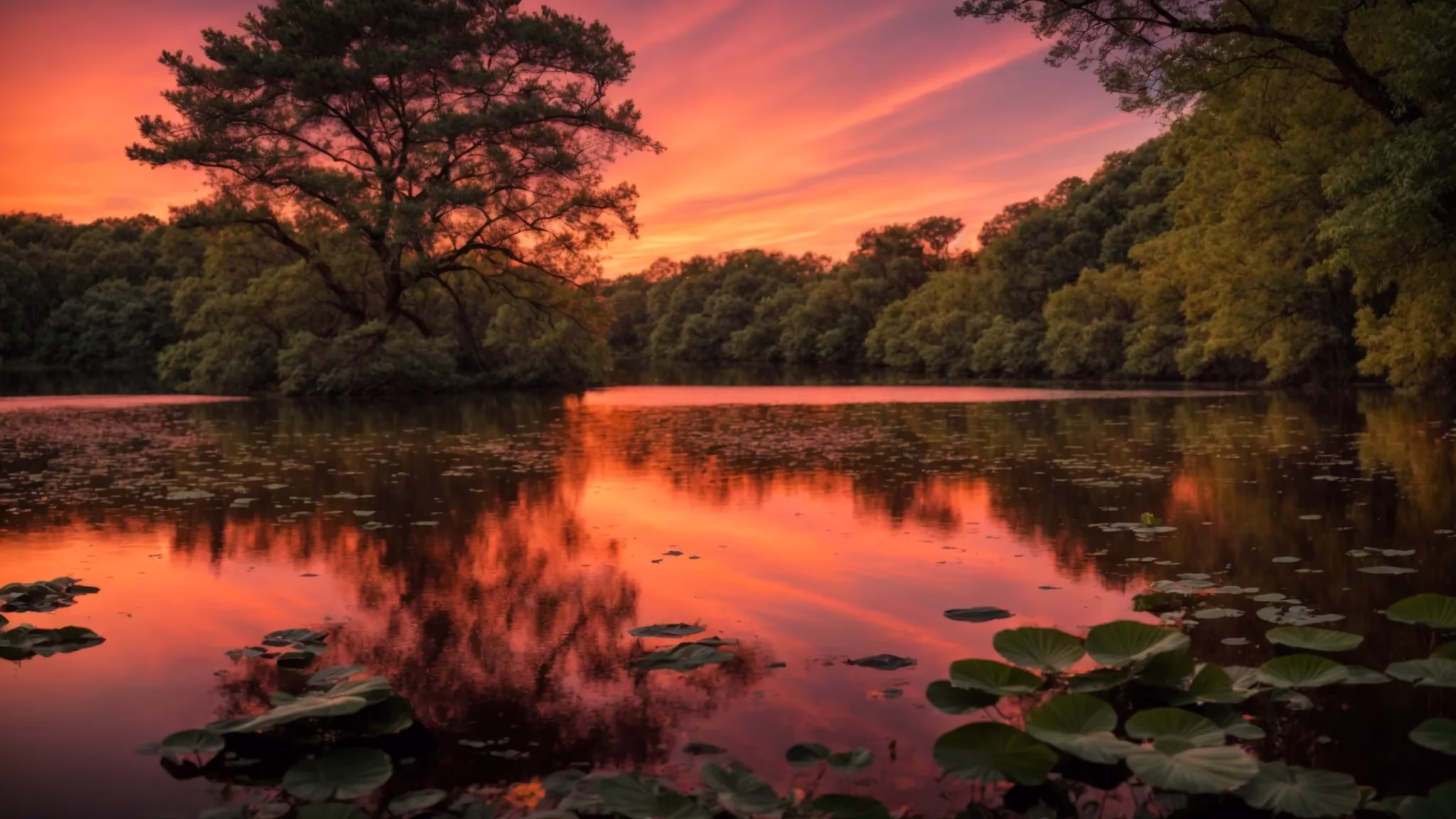 Steel Water: Optimal Quality for Your Hydration Needs 5 a breathtaking sunset casts vibrant orange and pink hues across a tranquil lake, reflecting the colorful sky in its glassy surface amid lush green trees.