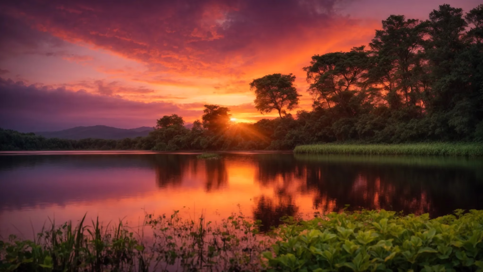 a breathtaking sunset casts vivid oranges and purples across a tranquil lake, reflecting the fiery sky and surrounding lush greenery for a serene moment of nature's beauty.