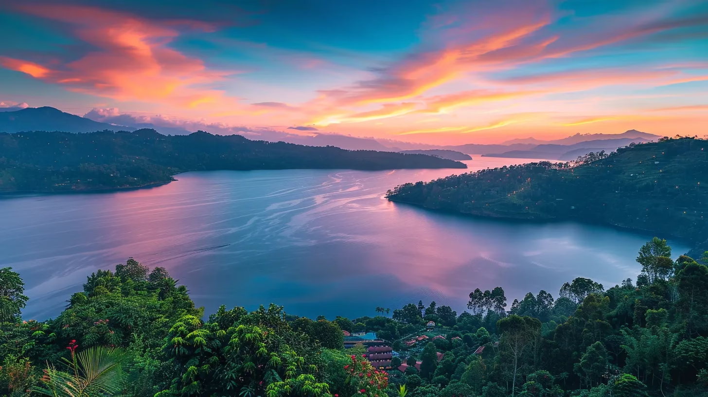 Lightweight Outdoor Solutions for Hiking and Camping 6 a breathtaking sunset illuminates a serene landscape, where vibrant hues of orange and pink blend seamlessly into a deep blue sky, reflecting off a tranquil lake surrounded by lush greenery.