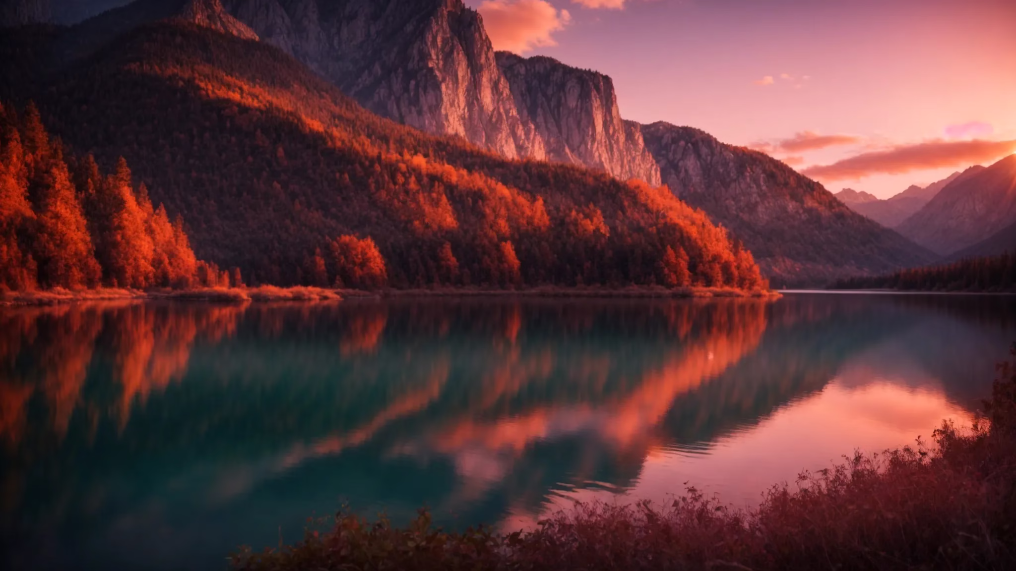 The Allure of an Exterior Waterfall in Landscaping 1 a breathtaking sunset over a tranquil lake reflects vibrant hues of orange and pink, surrounded by majestic mountains, creating an atmosphere of serenity and wonder.