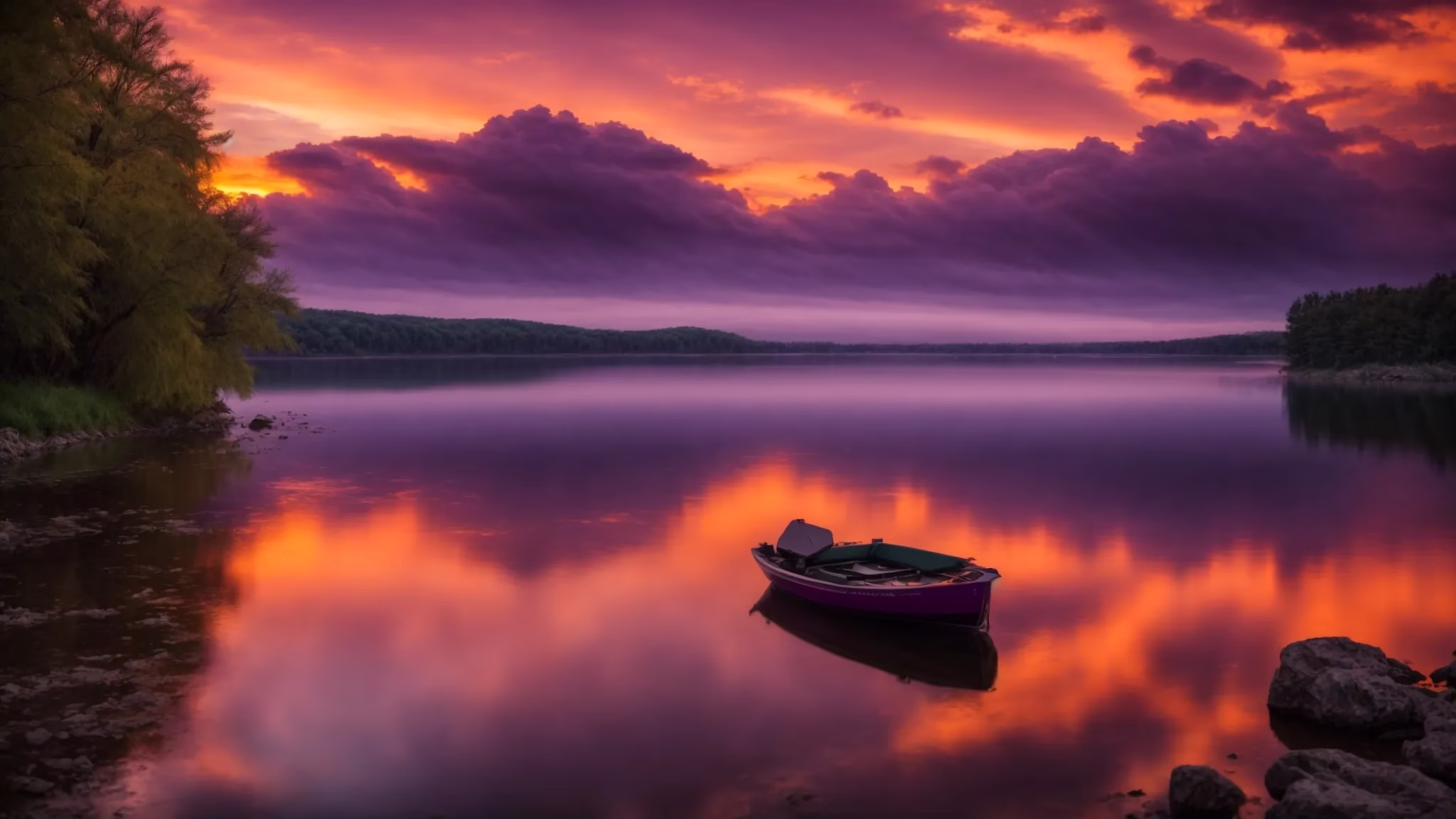 Interior Water Feature Ideas for Serene Living Spaces 1 a breathtaking sunset over a tranquil lake, where vibrant hues of orange and purple reflect off the glassy water, creating a serene atmosphere.