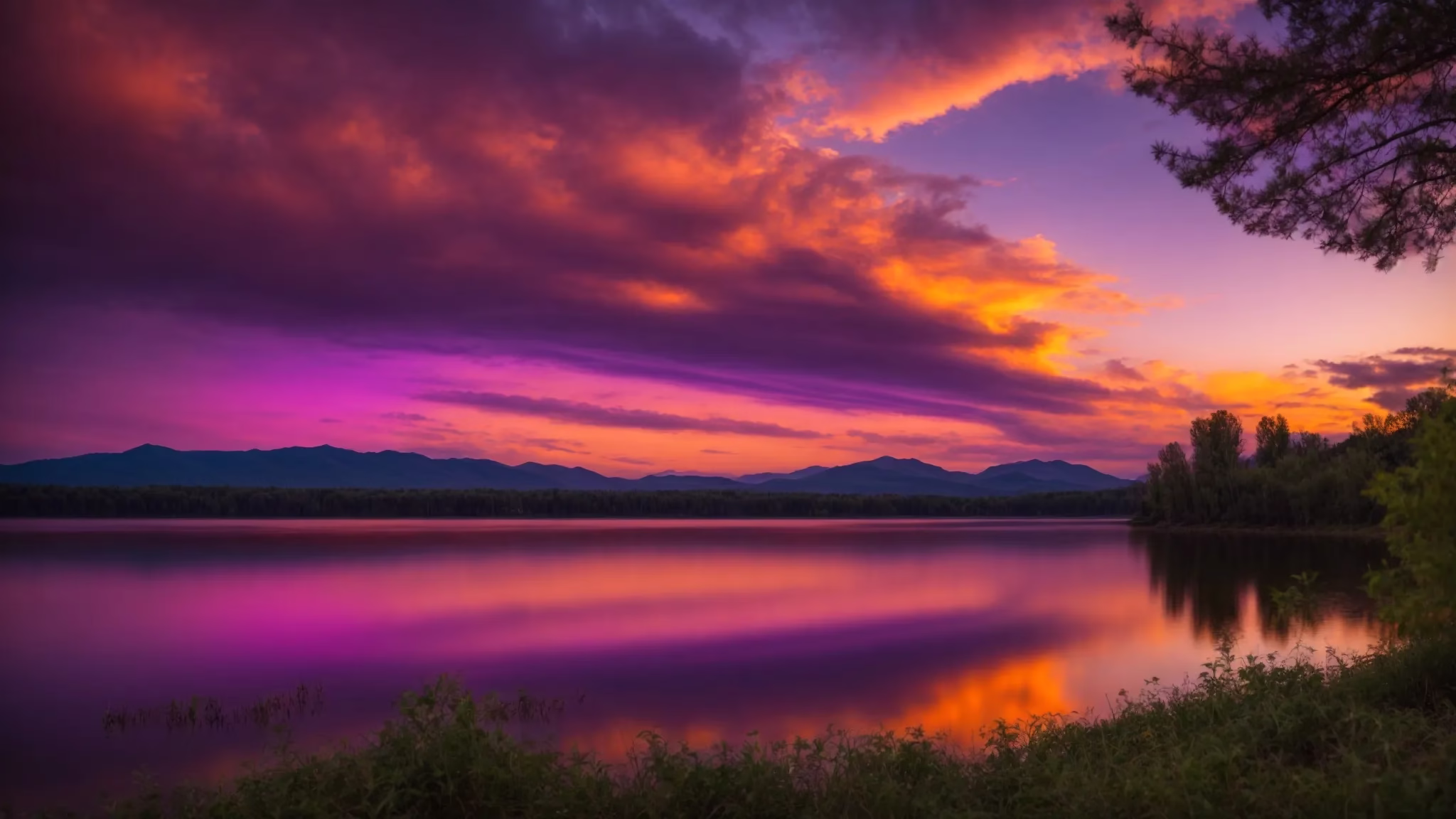 Fountain Large Options to Transform Your Landscape 4 a breathtaking sunset paints the sky in vibrant hues of orange and purple, casting a warm glow over a serene, tranquil lake reflecting the colorful tapestry above.