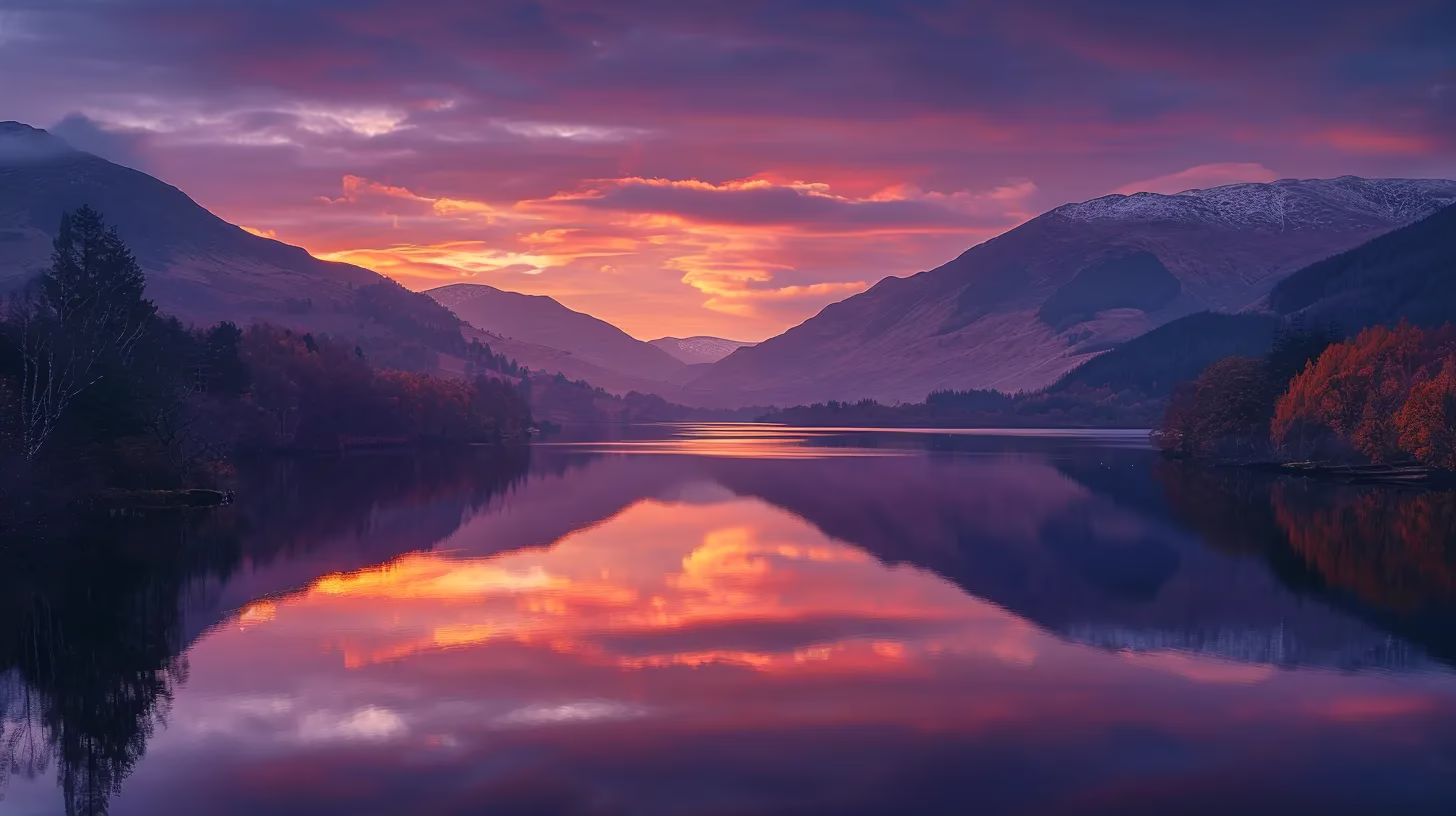 Tips for Maintaining Indoor Water Fixtures Swiftly 5 a breathtaking twilight landscape showcases a tranquil lake reflecting fiery orange and deep purple hues of a setting sun, framed by gently swaying silhouettes of autumn trees.