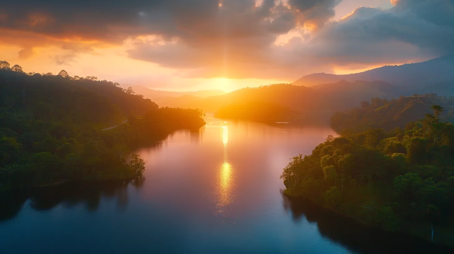 Affordable Fountain Outdoor for Sale for Garden Makeovers 5 a majestic golden sunrise casts a warm glow over a tranquil lake, reflecting the vibrant colors of the sky and surrounded by lush green forests, creating a breathtaking serene landscape.