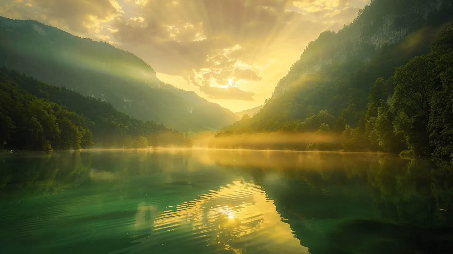 Design a Beautiful DIY Waterfall for Your Backyard 4 a majestic sunrise casts golden rays over a tranquil, misty lake surrounded by towering, emerald-green mountains, creating a serene and breathtaking atmosphere.