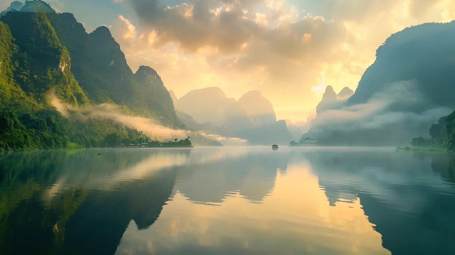 Captivating Fountain Water Designs for Family Gatherings 1 a serene early morning landscape captures a mist-shrouded lake, surrounded by towering, vibrant green mountains reflecting in the still water under a gentle golden sunrise.