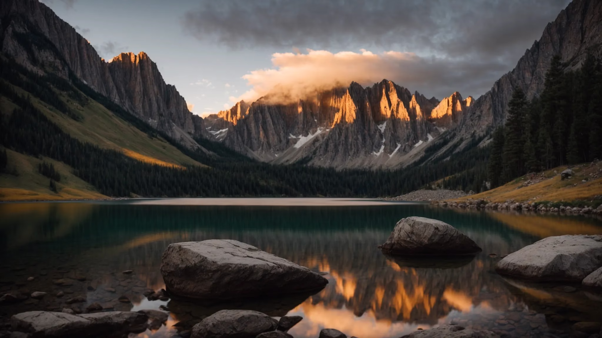 Fountain Large Options to Transform Your Landscape 3 a serene mountain landscape at sunrise, where the golden light bathes the rugged peaks and reflects off a tranquil, crystal-clear lake, creating a breathtaking harmony of nature's beauty.