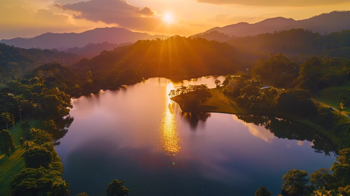 Ways to Feature Indoor Lighting for Stunning Effects 3 a serene sunrise casts golden rays over a tranquil lake, reflecting vibrant hues of orange and pink in the still water surrounded by lush, green mountains.