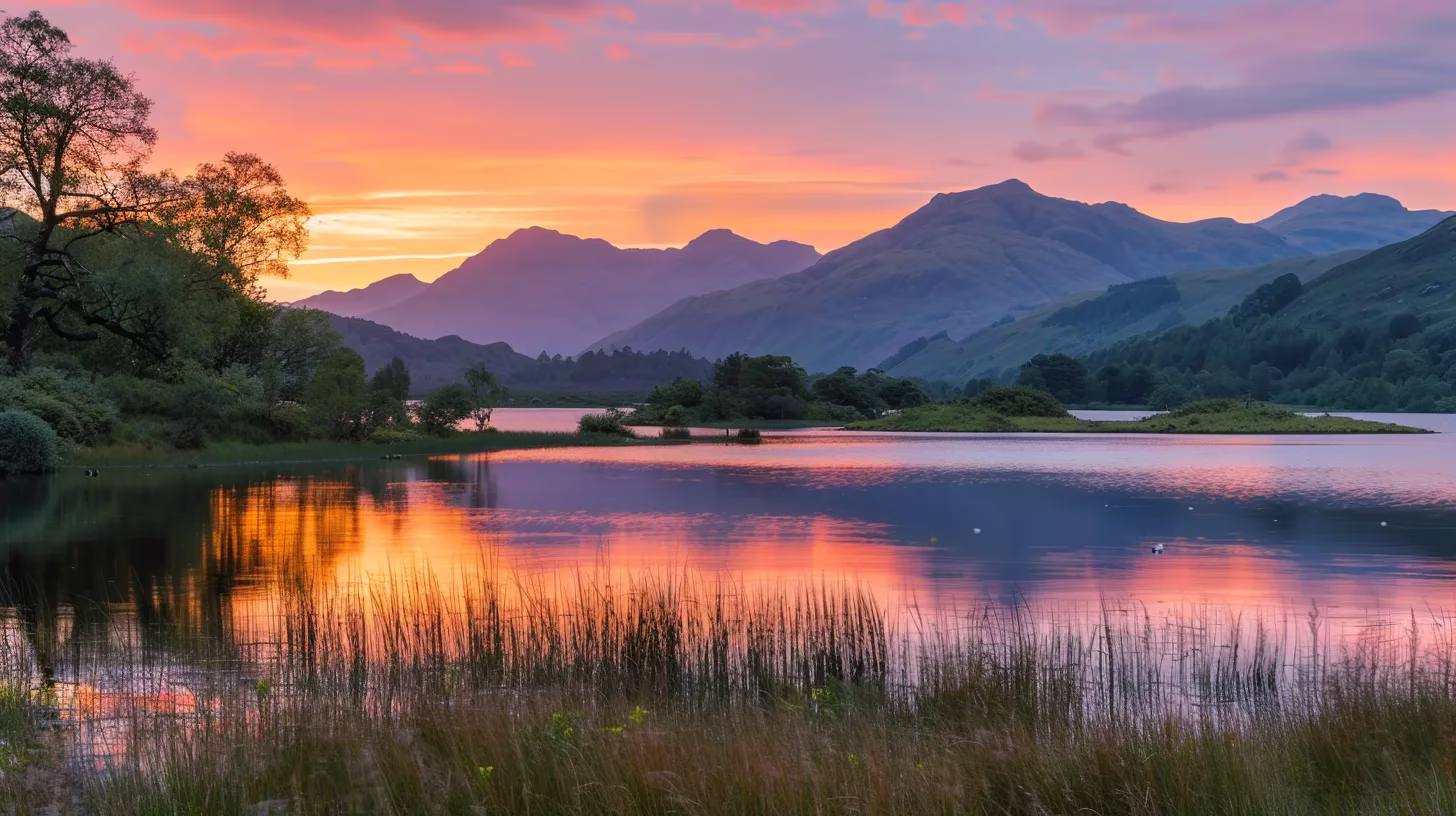 Managing Door Water Issues in Your Property 1 a serene sunset casts vibrant hues of orange and pink over a tranquil lake, with majestic mountains silhouetted in the background, reflecting a sense of peace and natural beauty.