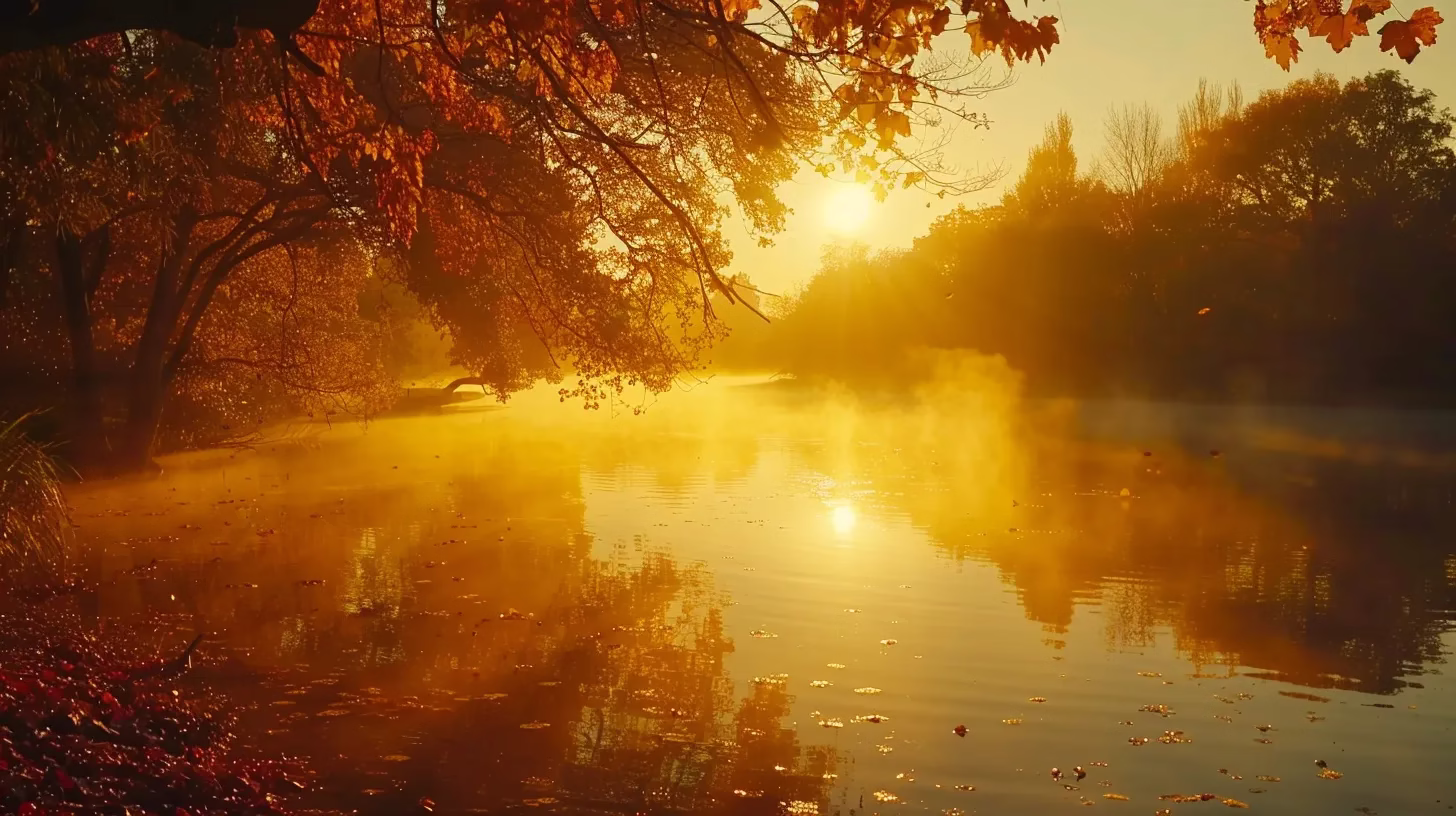 Bringing Tranquility Home With LED Water Bubble Displays 3 a tranquil sunrise casts a golden glow over a serene lake, with mist rising gently from the water's surface and vibrant autumn leaves framing the scene.