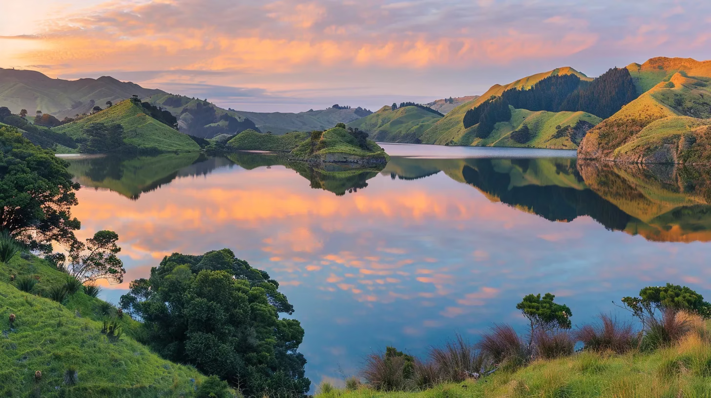 Affordable Fountain Outdoor for Sale for Garden Makeovers 3 a tranquil sunrise casts a golden glow over a serene lake, framed by lush emerald hills, reflecting vibrant hues of orange and pink across the water's surface.