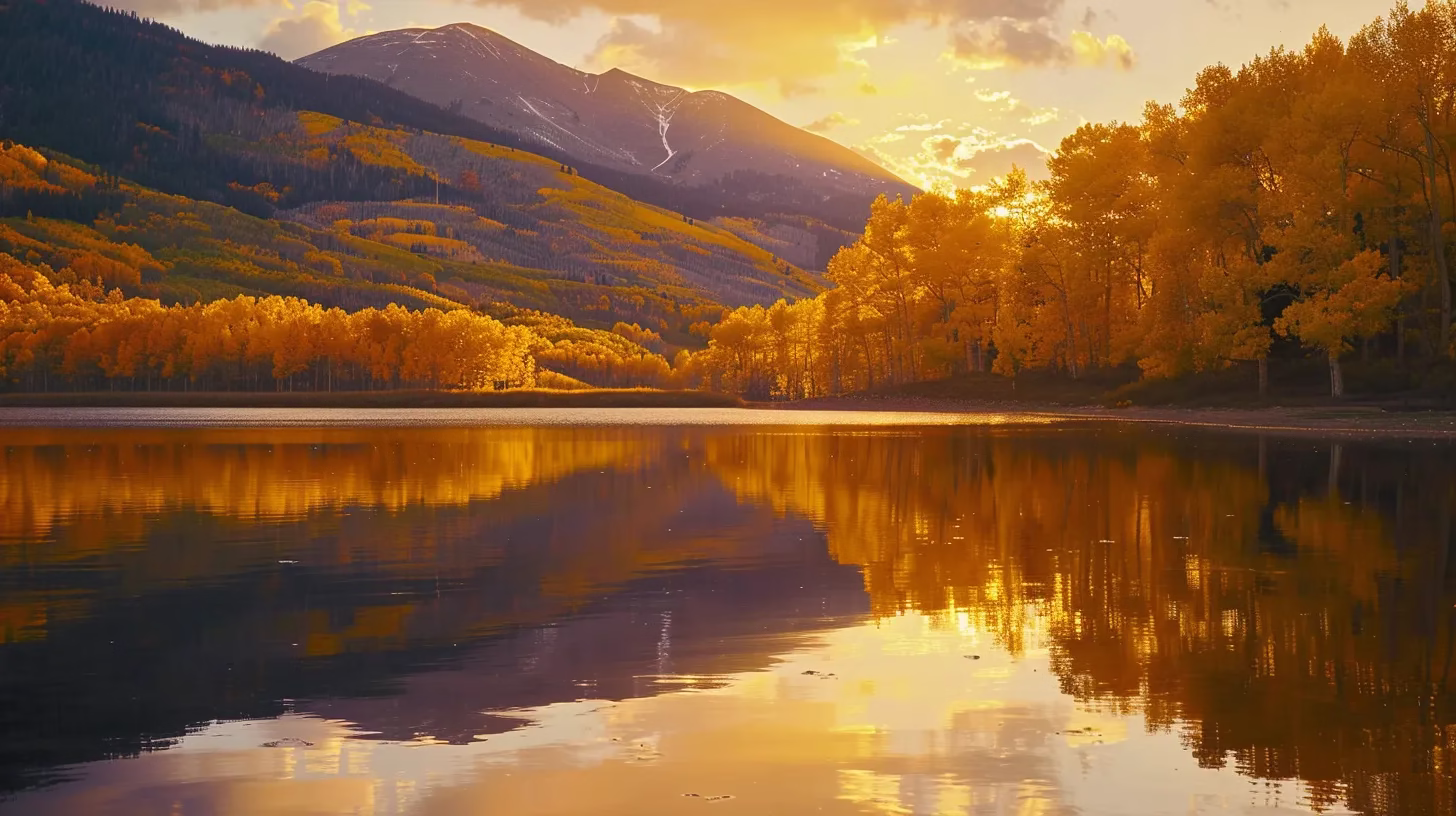 Elevate Your Interior With Trendy Lighting Solutions 4 a vibrant autumn landscape showcases a serene lake reflecting the golden hues of falling leaves under the soft glow of a setting sun.