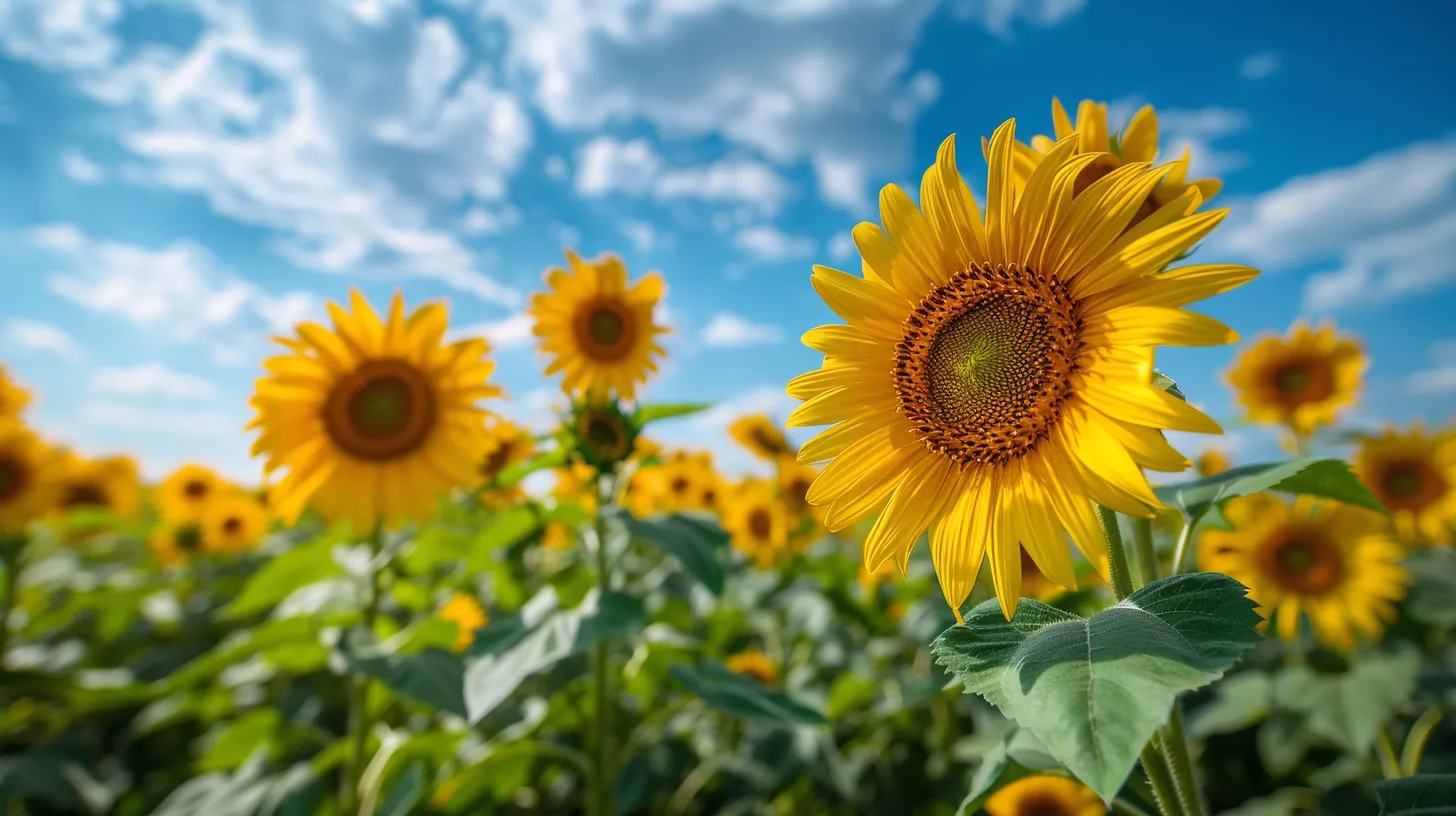 House Fountain Ideas for a Serene Outdoor Environment 5 a vibrant sunflower field stretches under a brilliant azure sky, the golden petals contrasting against the rich green foliage while a gentle breeze creates a dynamic dance of nature.