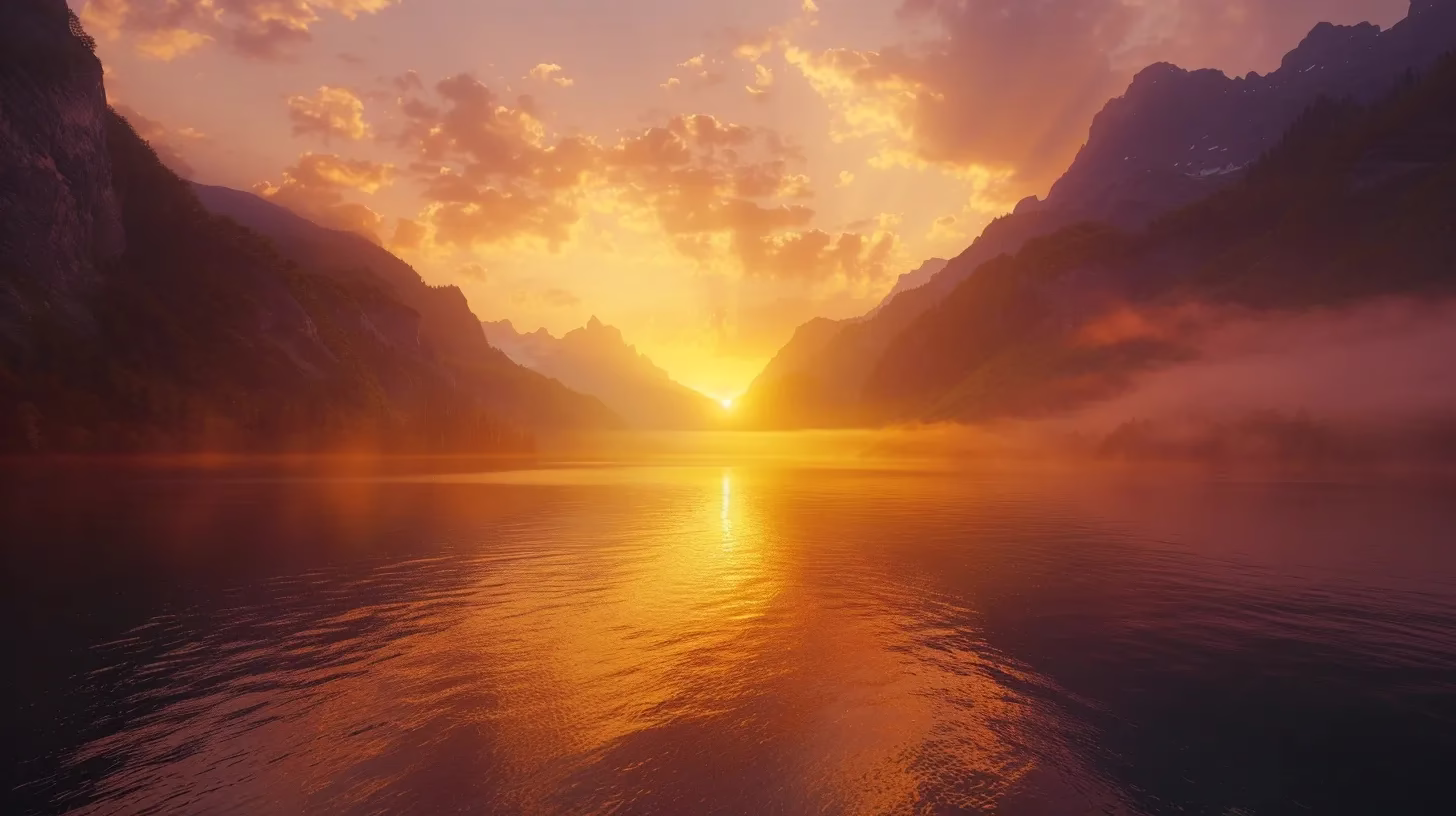 Creative Solutions for Excess Patio Water Problems 5 a vibrant sunrise bathes a tranquil lake in golden hues, with mist rising from the water's surface and lush mountains silhouetted against the colorful sky.