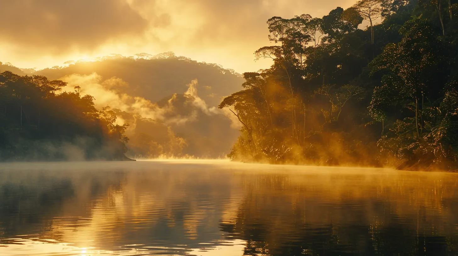 Innovative Ideas for Home Décor Transformation 6 a vibrant sunrise casts golden light over a tranquil lake, with mist rising from the water's surface, reflecting the surrounding lush green forest in serene harmony.