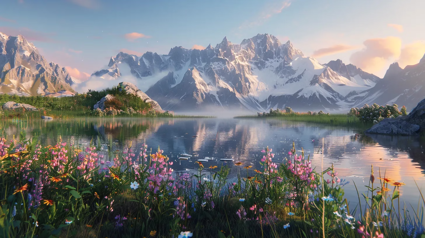 Innovative Ideas for Home Décor Transformation 2 a vibrant sunrise illuminates a serene mountain lake, reflecting the breathtaking peaks and surrounding wildflowers in crystal clear water.