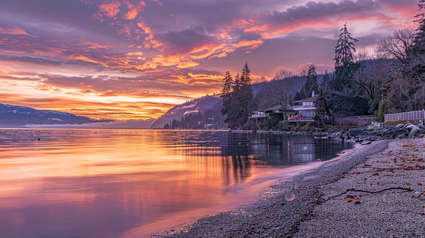 Stunning Landscape Water Features to Elevate Your Yard 4 a vibrant sunset bathes a serene lakeside, where wispy clouds reflect in the still water, creating a harmonious blend of warm oranges and cool purples.