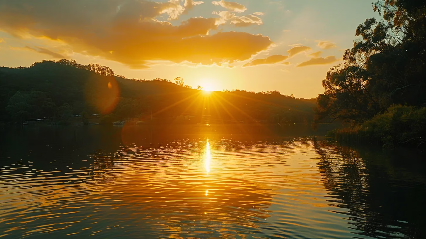 Transform Your Space With an Outdoor Bubble Experience 6 a vibrant sunset casts a golden glow over a tranquil lake, reflecting the surrounding lush greenery and creating a serene atmosphere.