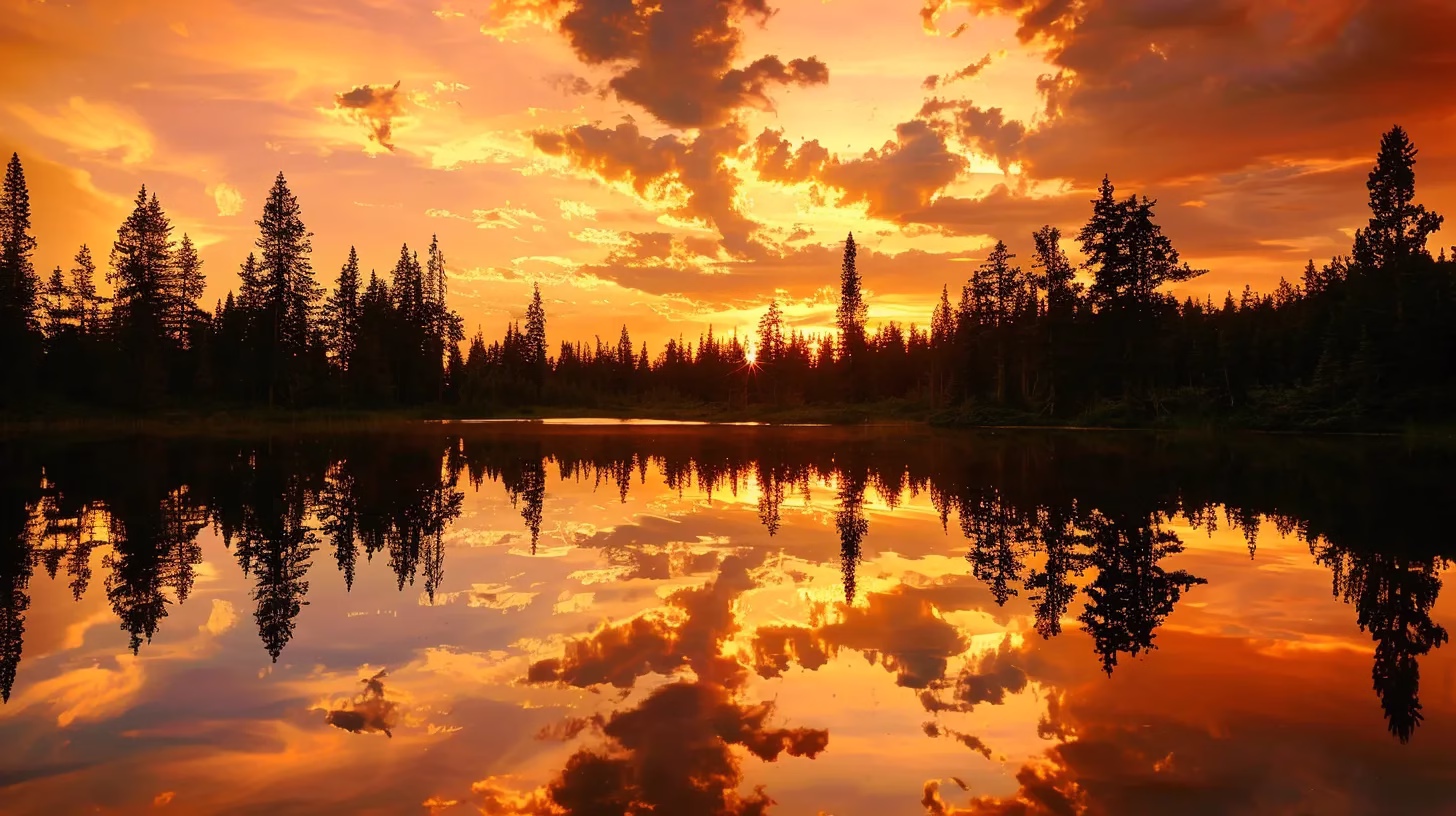 Stunning Landscape Water Features to Elevate Your Yard 6 a vibrant sunset casts a golden hue over a tranquil lake, reflecting the silhouettes of towering pine trees against an expansive sky filled with swirling clouds.
