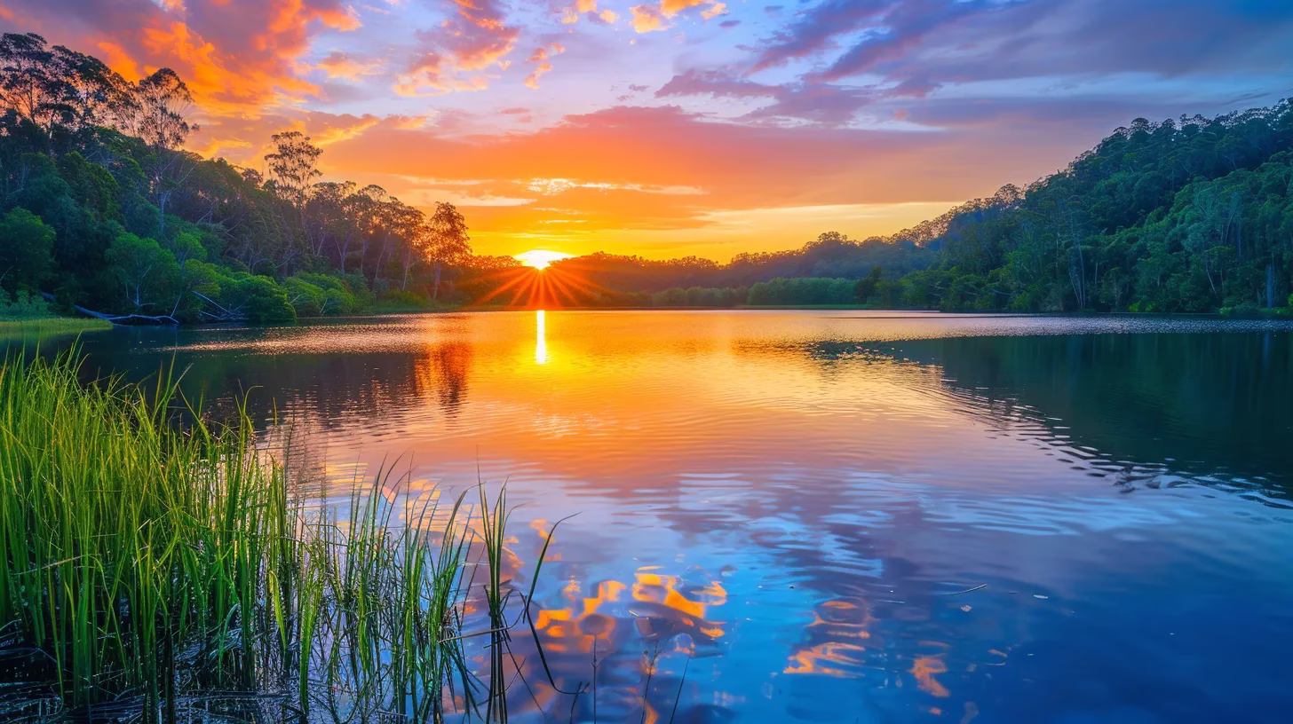 House Fountain Ideas for a Serene Outdoor Environment 3 a vibrant sunset casts a golden glow over a serene lake, where the still water perfectly mirrors the fiery sky and surrounding lush greenery, inviting a sense of tranquility.