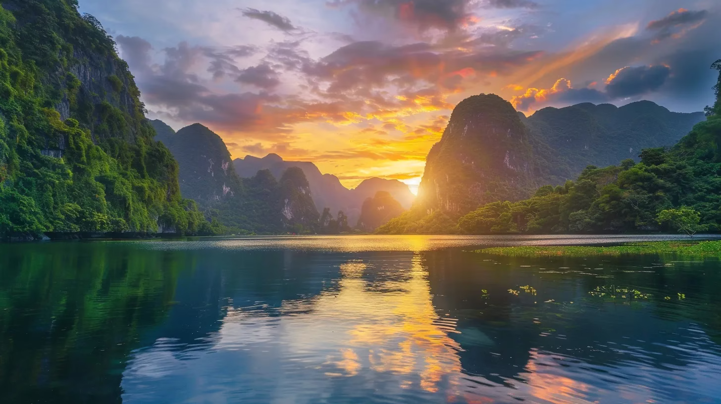 Transform Your Space With a Stunning Fall Water Feature 5 a vibrant sunset casts a golden hue over a tranquil lake, reflecting the surrounding mountains and lush greenery, creating a serene and enchanting atmosphere.