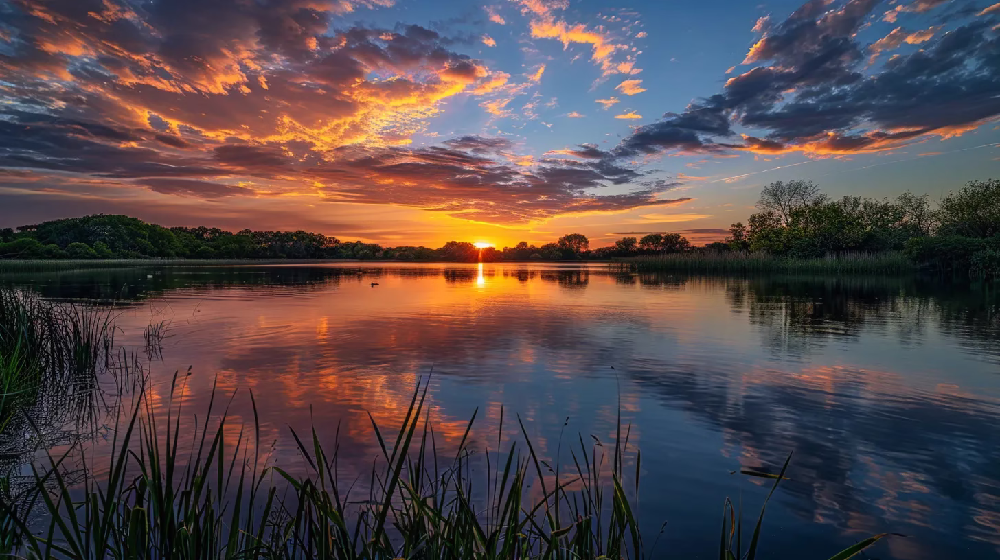 The Ultimate Guide to Buy Waterfall Wall Art 4 a vibrant sunset casts a golden glow over a serene lake, reflecting the fiery colors of the sky while lush greenery borders the water's edge.