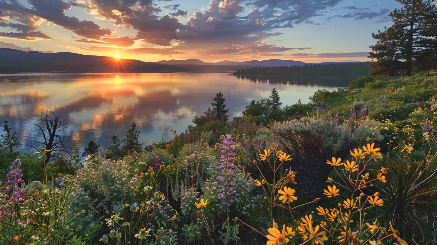 Creating Tranquility: Water Feature Inside Your Home 5 a vibrant sunset casts a golden glow over a tranquil lake, where lush greenery and colorful wildflowers frame the serene water, reflecting the sky's brilliant hues.