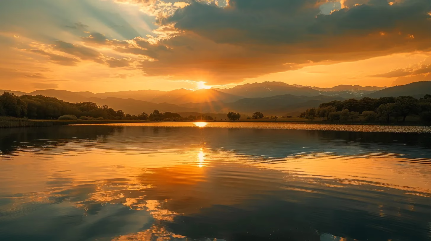 House Fountain Ideas for a Serene Outdoor Environment 2 a vibrant sunset casts a golden hue over a tranquil lake, reflecting the serene silhouette of distant mountains and lush trees, embodying the essence of peace and natural beauty.