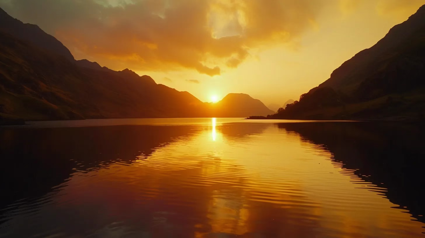 Benefits of Rain Water Harvesting for Sustainable Living 5 a vibrant sunset casts a golden hue over a tranquil lake, with silhouettes of distant mountains reflecting perfectly on the still waters.