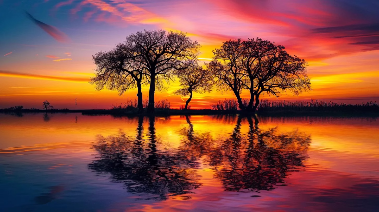 a vibrant sunset casts a golden glow over a tranquil lake, with silhouetted trees framing the serene water’s surface that reflects the dramatic colors of the sky.